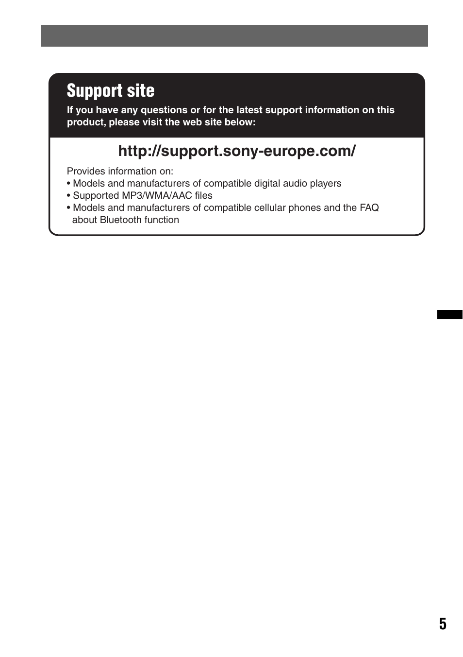 Support site | Sony MEX-BT4700U User Manual | Page 5 / 172