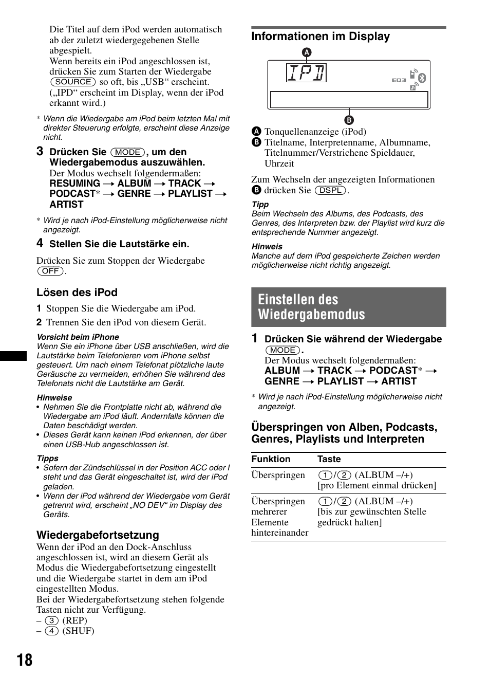 Informationen im display, Einstellen des wiedergabemodus | Sony MEX-BT4700U User Manual | Page 50 / 172