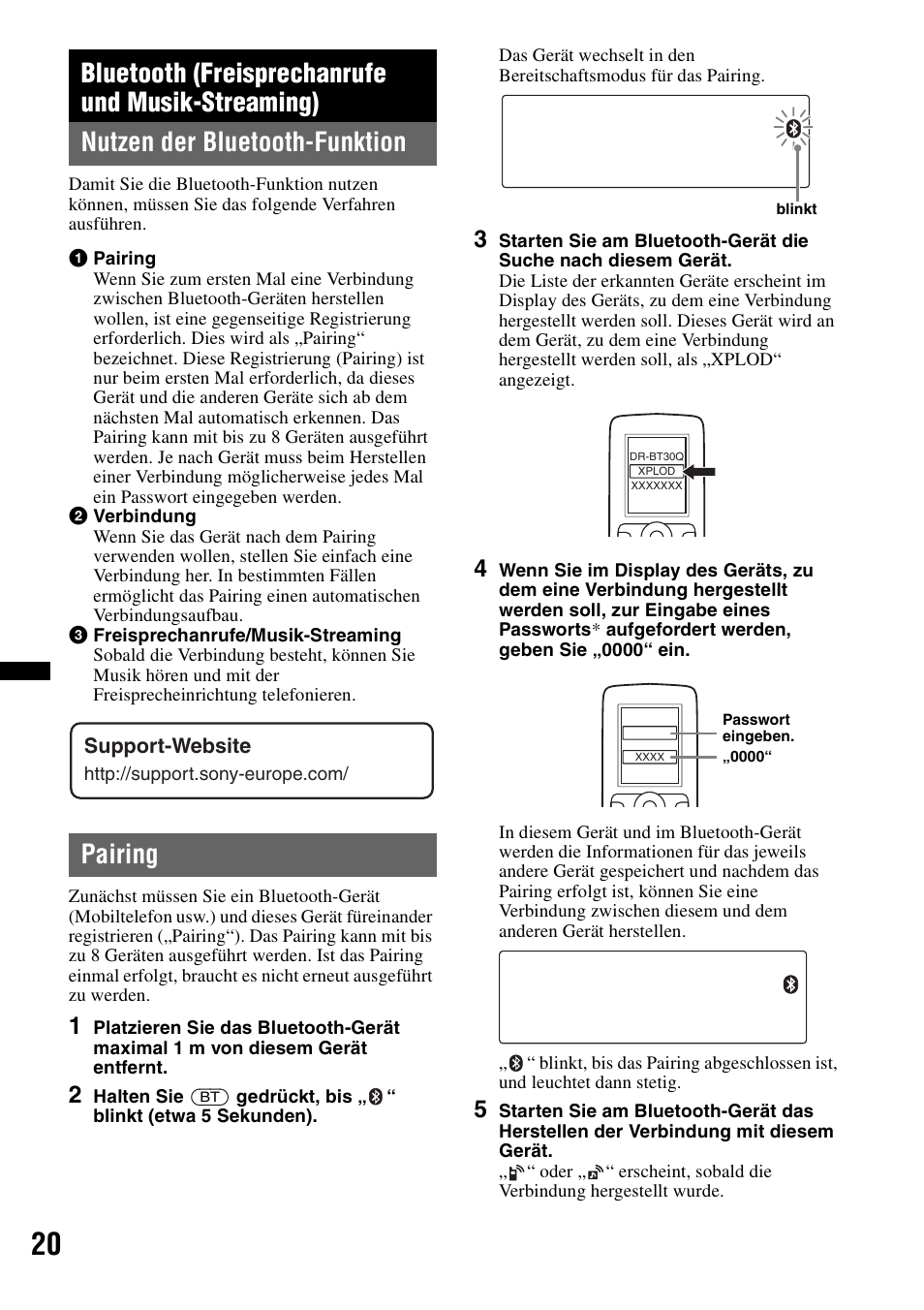 Bluetooth (freisprechanrufe und musik-streaming), Nutzen der bluetooth-funktion, Pairing | Nutzen der bluetooth-funktion pairing, Seite 20 | Sony MEX-BT4700U User Manual | Page 52 / 172