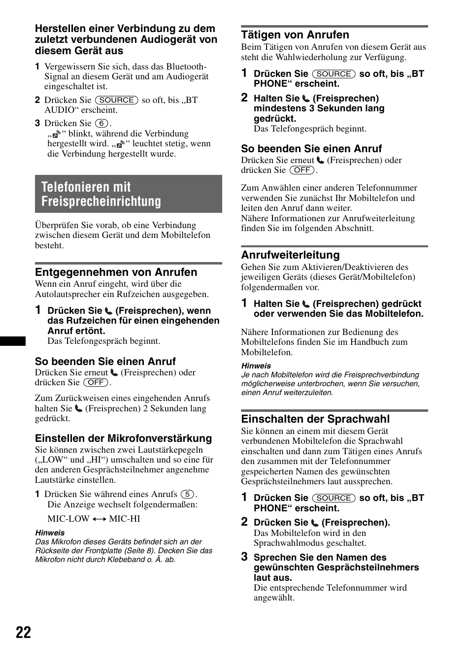 Telefonieren mit freisprecheinrichtung, Entgegennehmen von anrufen, Tätigen von anrufen | Anrufweiterleitung, Einschalten der sprachwahl, Seite 22 | Sony MEX-BT4700U User Manual | Page 54 / 172