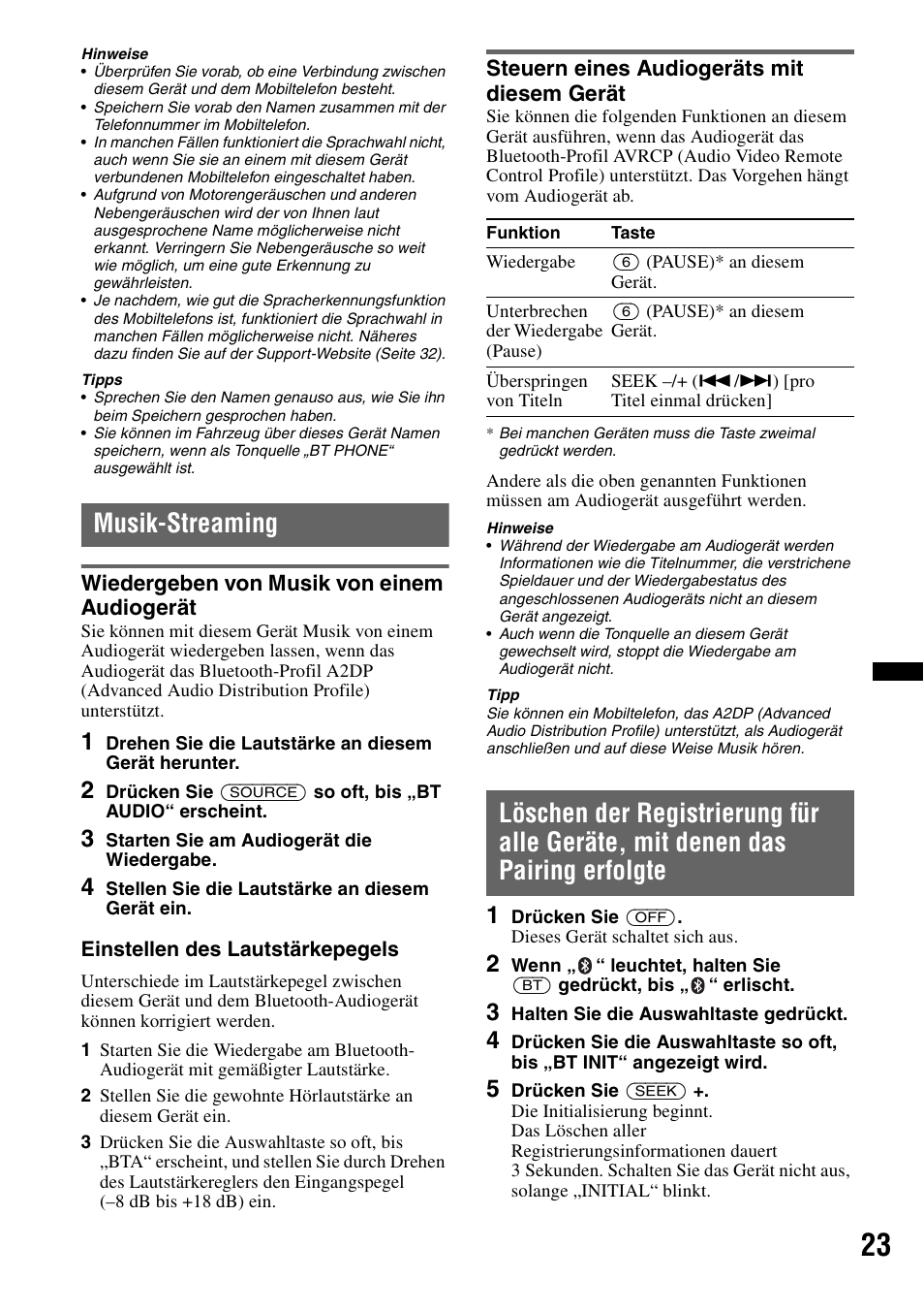 Musik-streaming, Wiedergeben von musik von einem audiogerät, Steuern eines audiogeräts mit diesem gerät | Sony MEX-BT4700U User Manual | Page 55 / 172