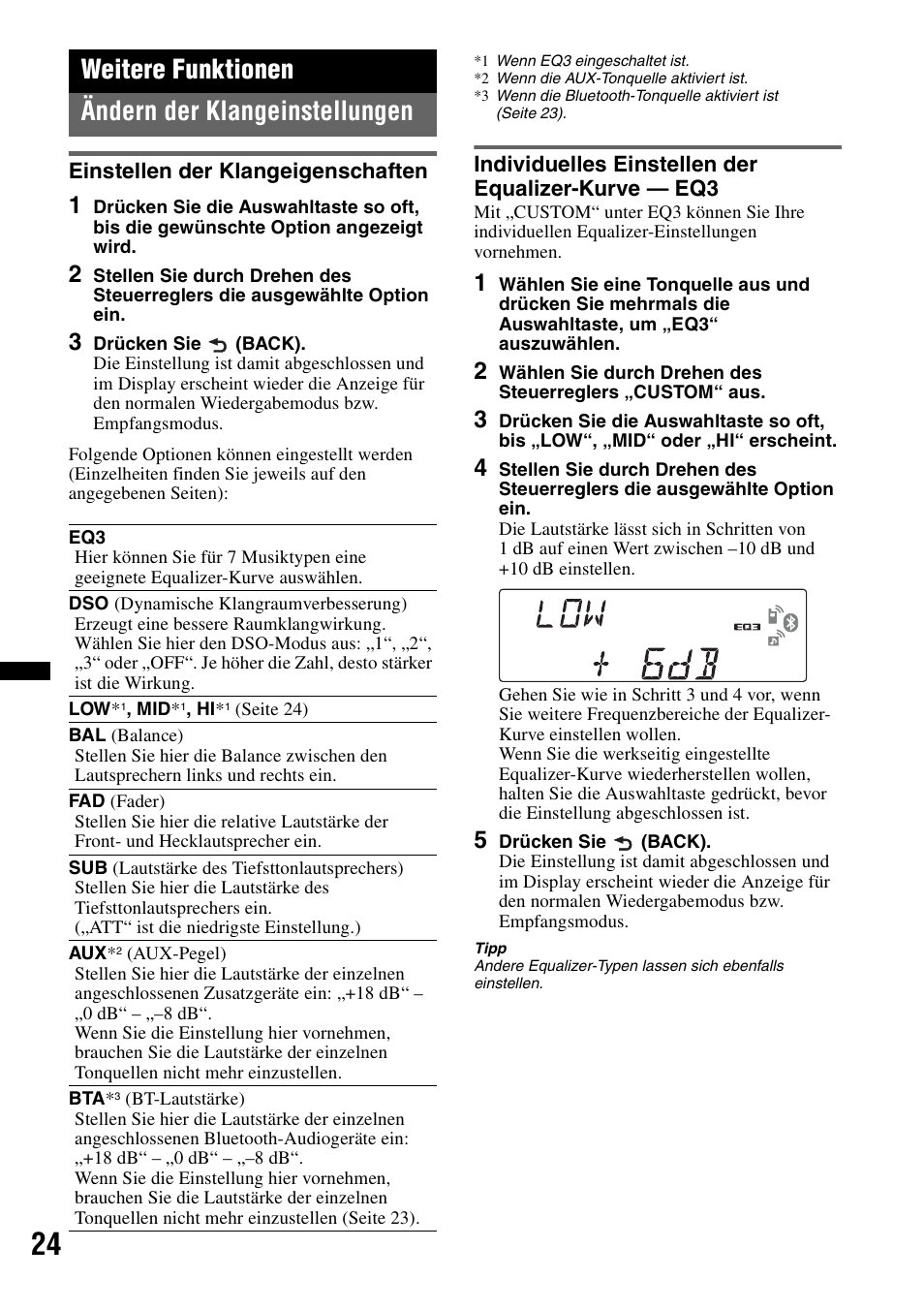 Weitere funktionen, Ändern der klangeinstellungen, Einstellen der klangeigenschaften | Individuelles einstellen der equalizer-kurve - eq3, Weitere funktionen ändern der klangeinstellungen | Sony MEX-BT4700U User Manual | Page 56 / 172