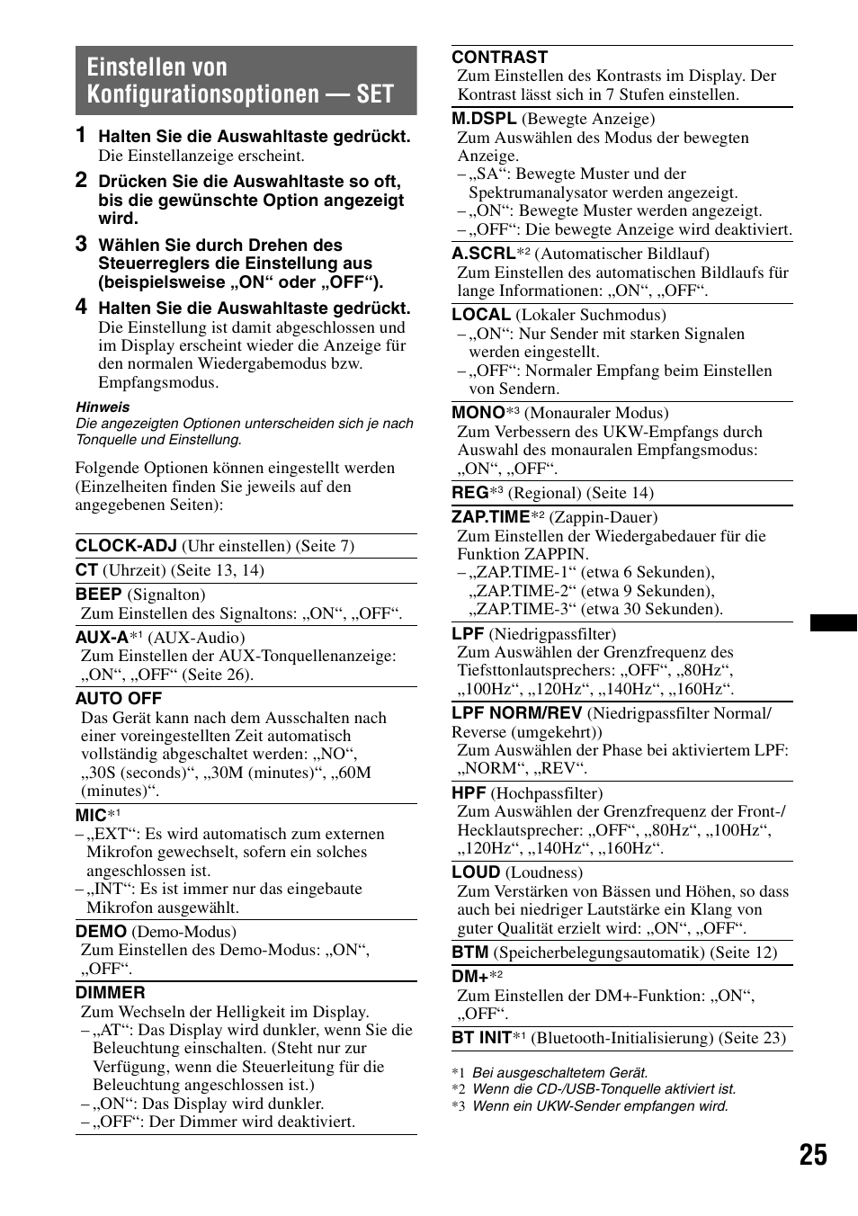 Einstellen von konfigurationsoptionen - set, Einstellen von konfigurationsoptionen — set | Sony MEX-BT4700U User Manual | Page 57 / 172