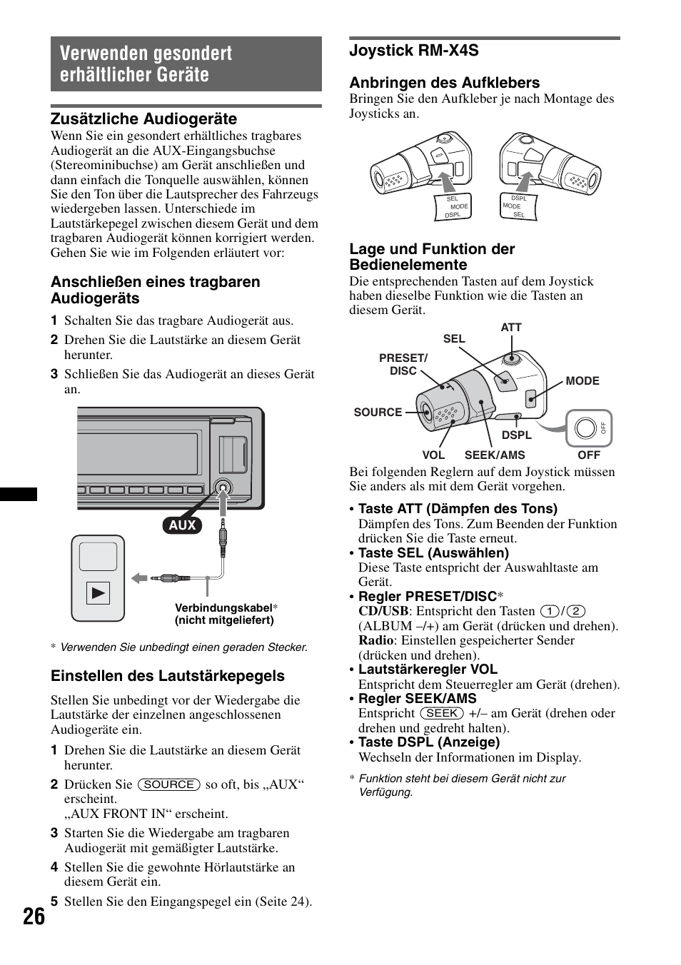 Verwenden gesondert erhältlicher geräte, Zusätzliche audiogeräte, Joystick rm-x4s | Zusätzliche audiogeräte joystick rm-x4s, Seite 26, Seite 26), Anschließen eines tragbaren audiogeräts, Einstellen des lautstärkepegels, Anbringen des aufklebers, Lage und funktion der bedienelemente | Sony MEX-BT4700U User Manual | Page 58 / 172