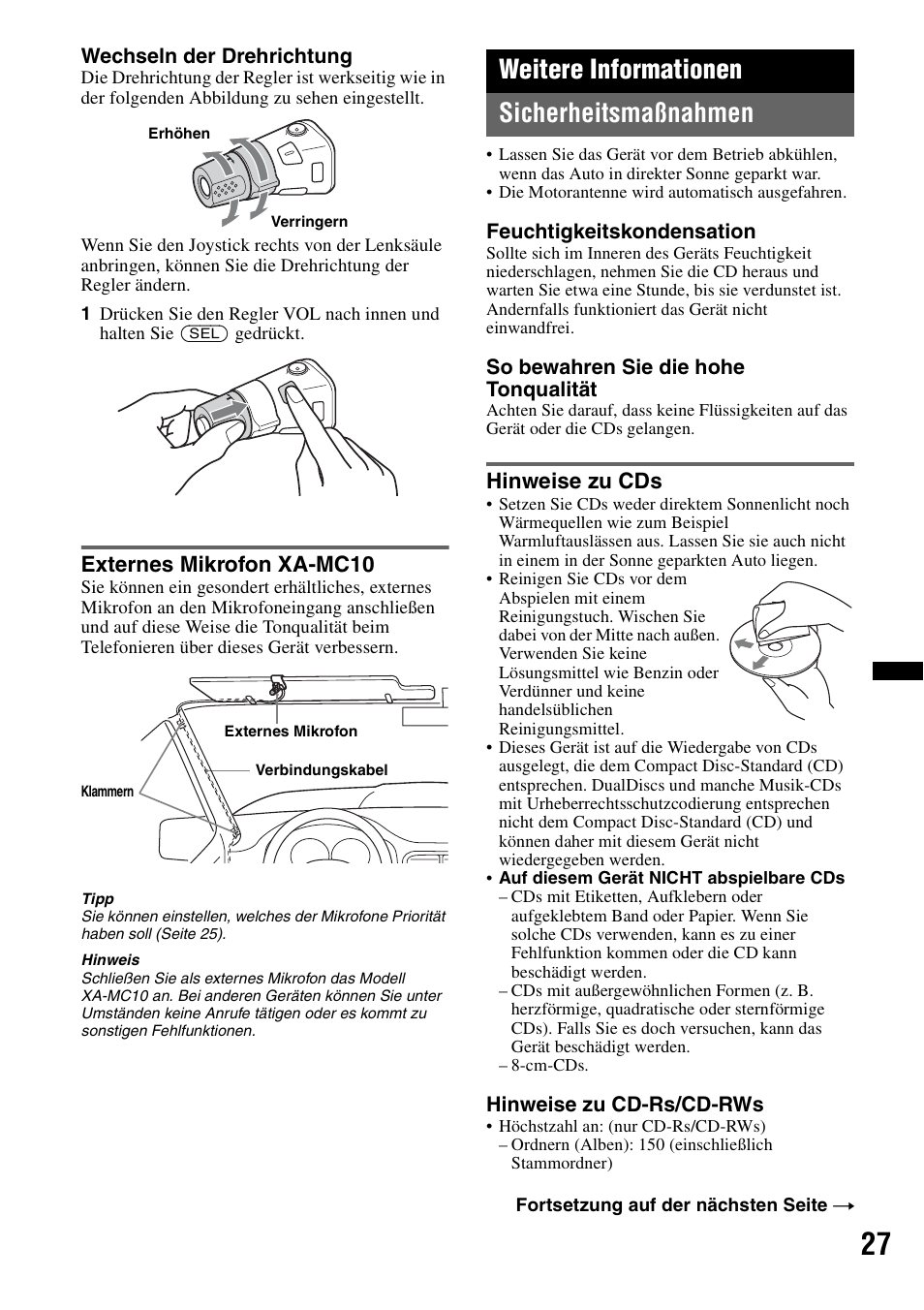 Externes mikrofon xa-mc10, Weitere informationen, Sicherheitsmaßnahmen | Hinweise zu cds, Weitere informationen sicherheitsmaßnahmen | Sony MEX-BT4700U User Manual | Page 59 / 172