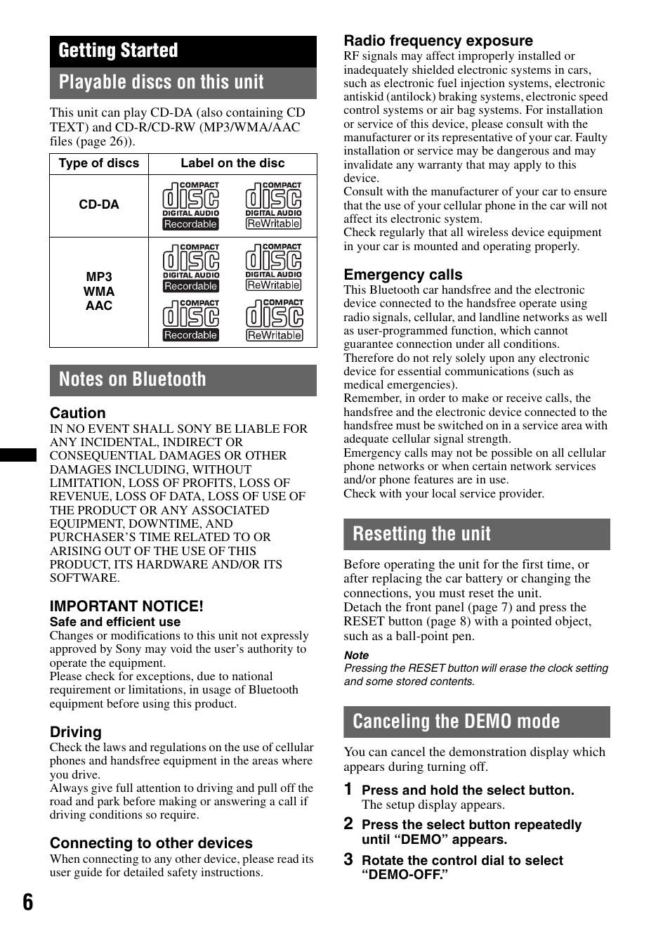 Getting started, Playable discs on this unit, Notes on bluetooth | Resetting the unit, Canceling the demo mode, Getting started playable discs on this unit | Sony MEX-BT4700U User Manual | Page 6 / 172