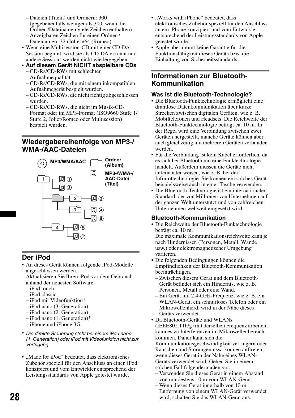 Wiedergabereihenfolge von mp3-/wma-/aac-dateien, Der ipod, Informationen zur bluetooth-kommunikation | Informationen zur bluetooth- kommunikation | Sony MEX-BT4700U User Manual | Page 60 / 172