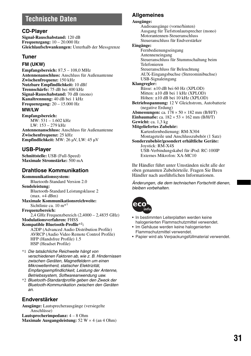 Technische daten | Sony MEX-BT4700U User Manual | Page 63 / 172