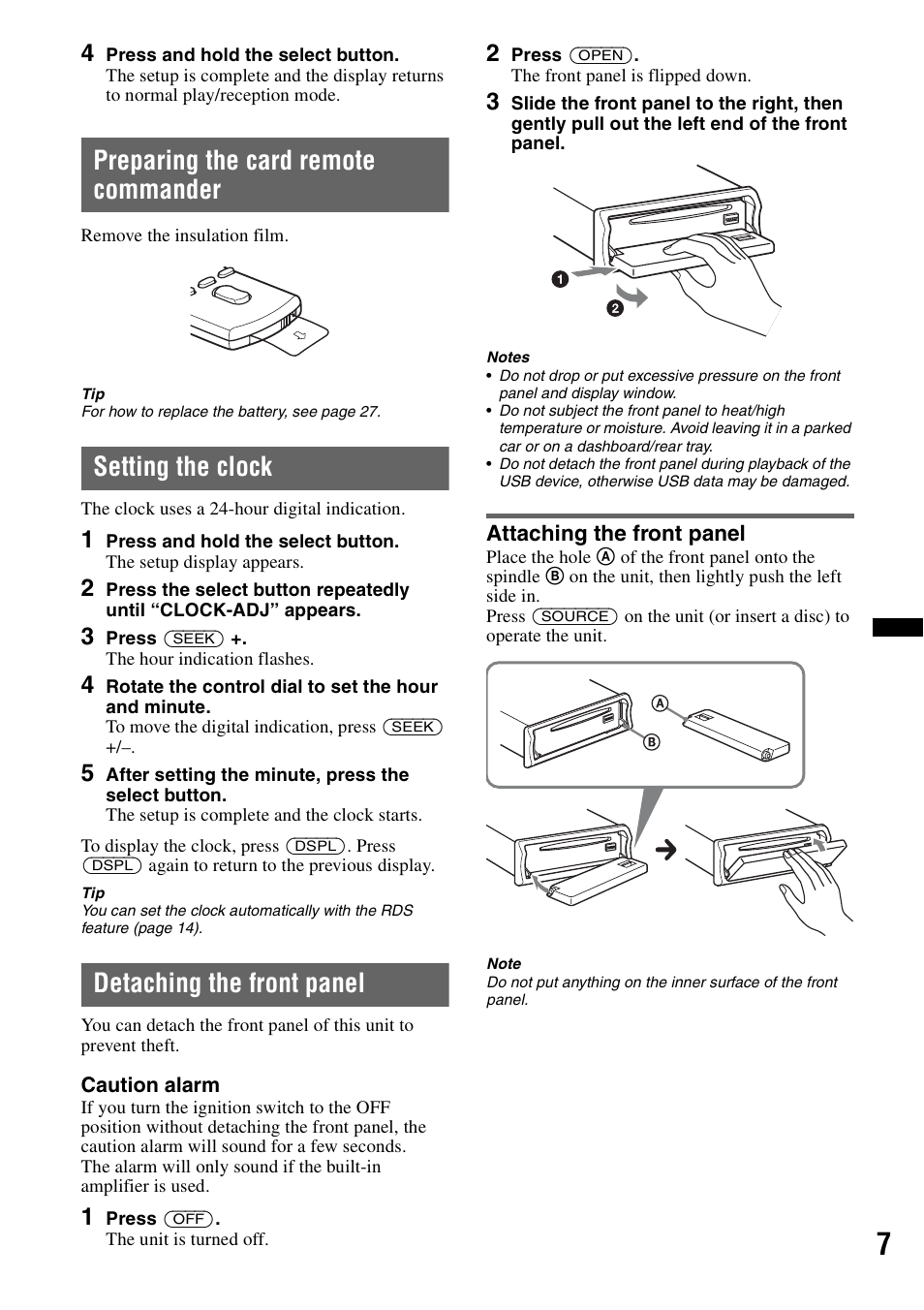 Preparing the card remote commander, Setting the clock, Detaching the front panel | Attaching the front panel | Sony MEX-BT4700U User Manual | Page 7 / 172