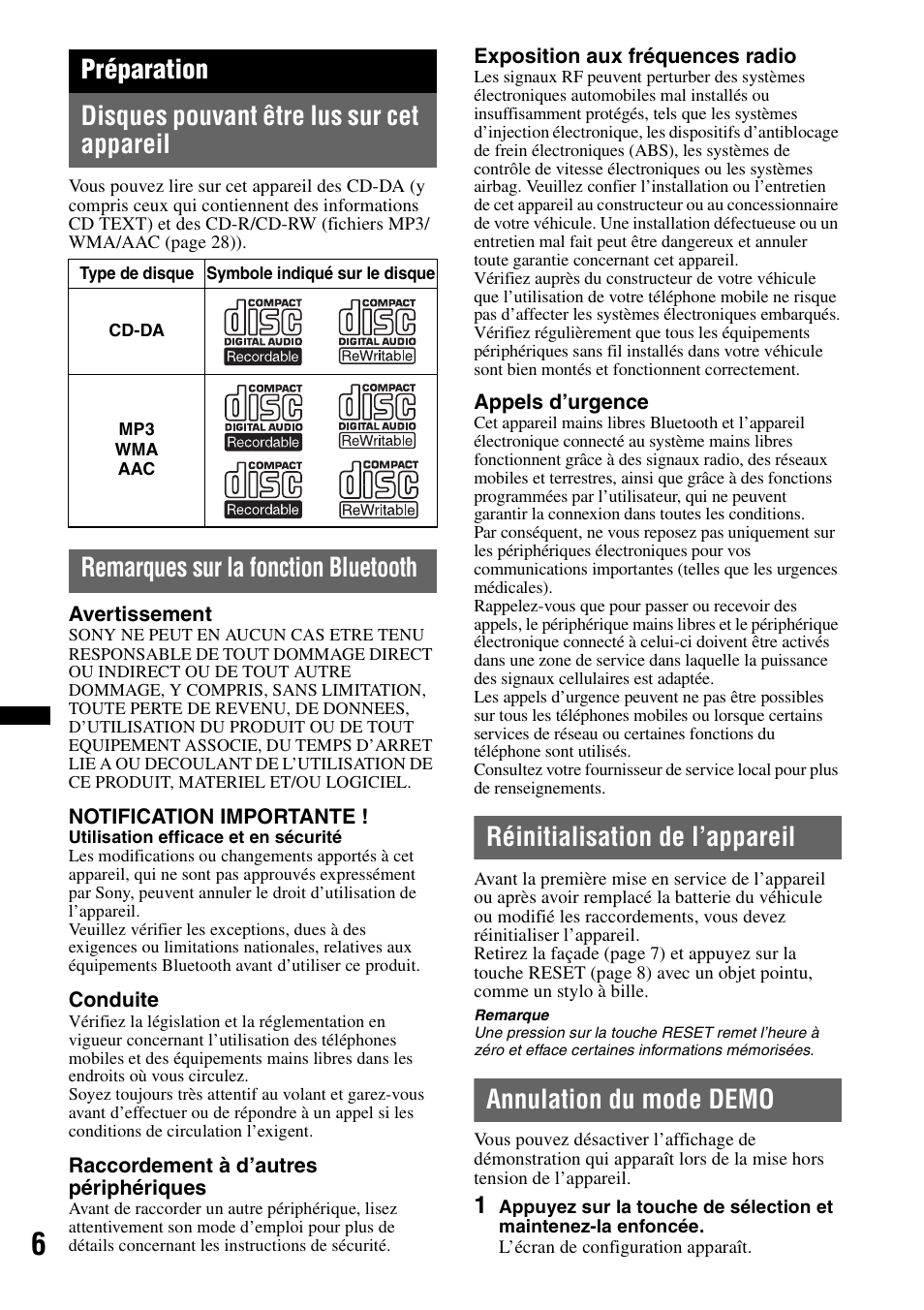 Préparation, Disques pouvant être lus sur cet appareil, Remarques sur la fonction bluetooth | Réinitialisation de l’appareil, Annulation du mode demo | Sony MEX-BT4700U User Manual | Page 72 / 172