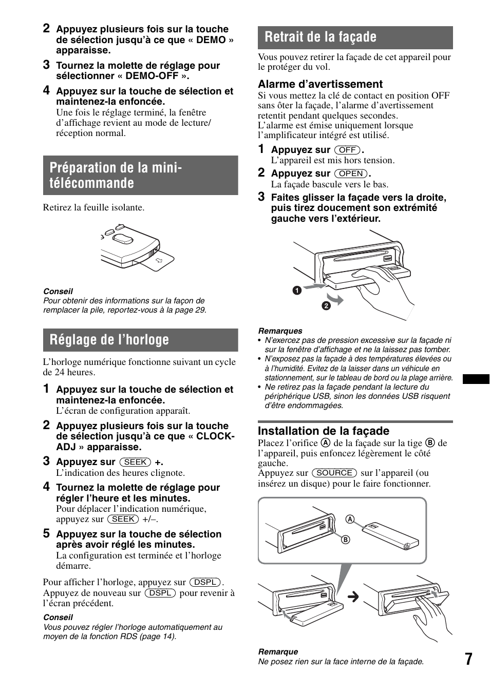 Préparation de la mini- télécommande, Réglage de l’horloge, Retrait de la façade | Installation de la façade | Sony MEX-BT4700U User Manual | Page 73 / 172