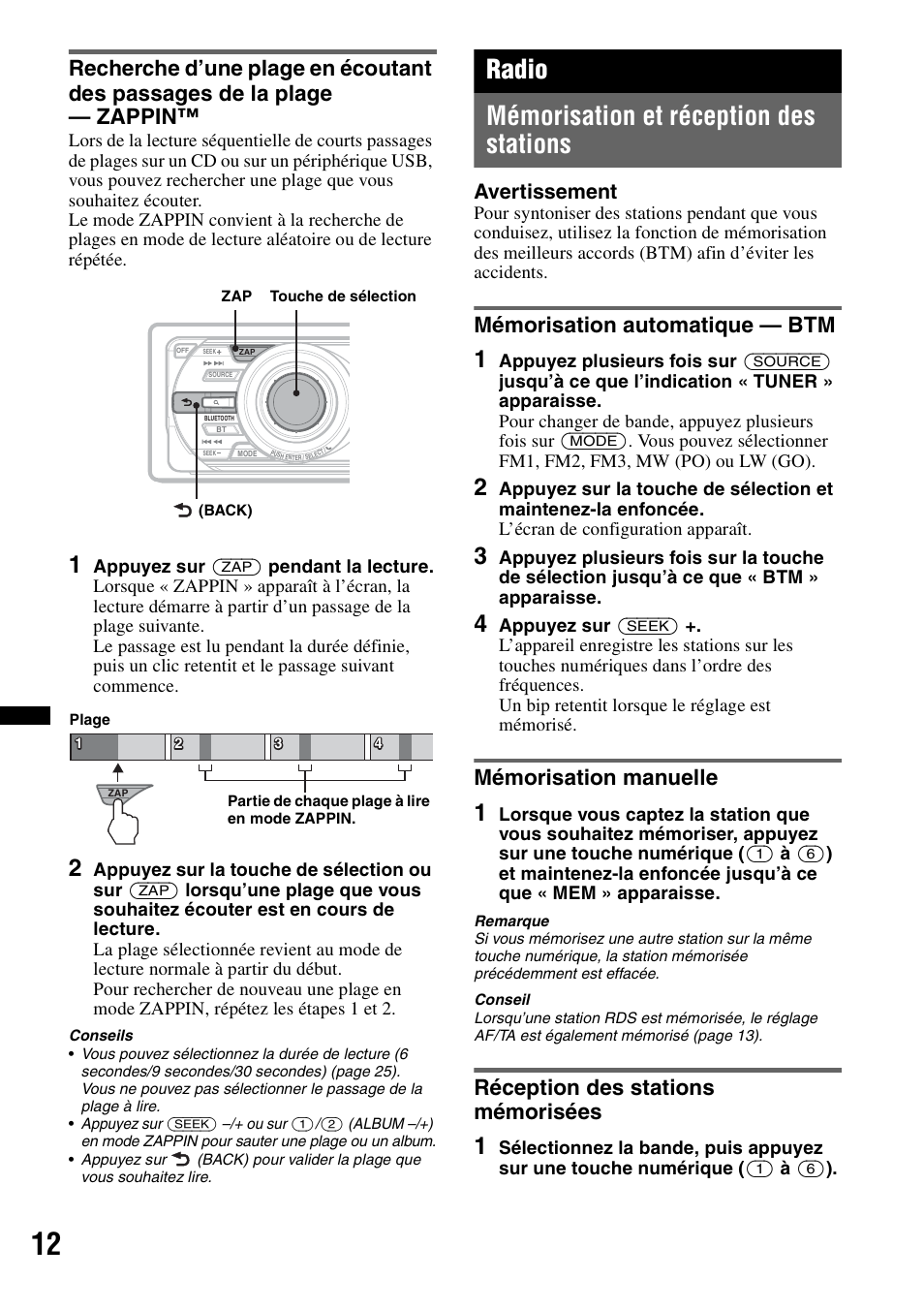 Radio, Mémorisation et réception des stations, Mémorisation automatique - btm | Mémorisation manuelle, Réception des stations mémorisées, Radio mémorisation et réception des stations, Mémorisation automatique — btm, Avertissement | Sony MEX-BT4700U User Manual | Page 78 / 172