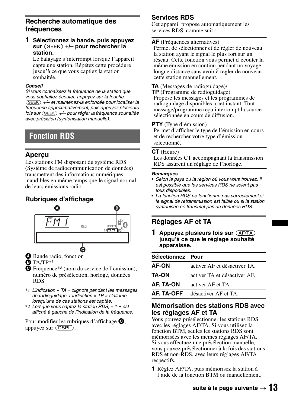 Recherche automatique des fréquences, Fonction rds, Aperçu | Réglages af et ta, Aperçu réglages af et ta | Sony MEX-BT4700U User Manual | Page 79 / 172