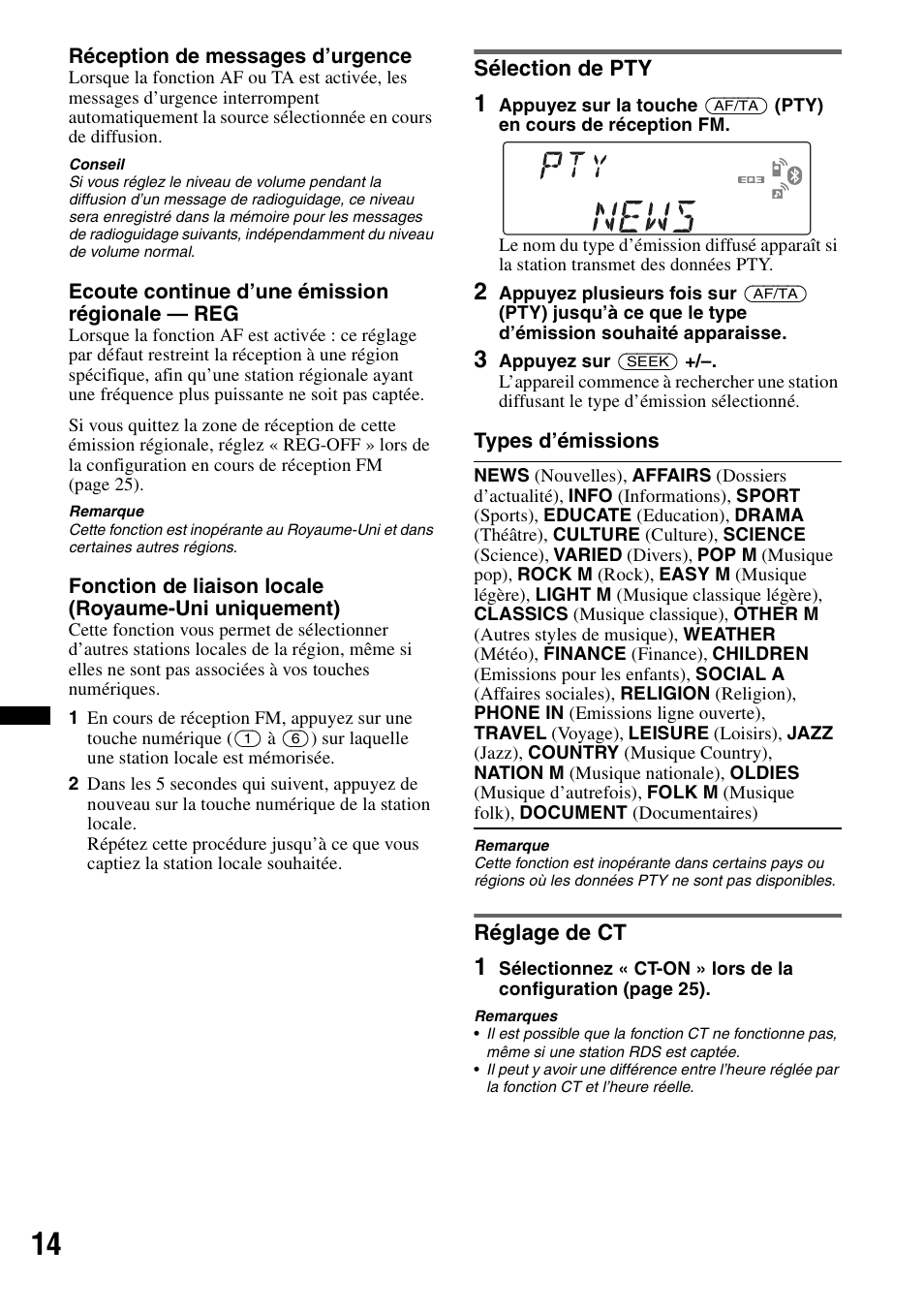 Sélection de pty, Réglage de ct, Sélection de pty réglage de ct | Sony MEX-BT4700U User Manual | Page 80 / 172