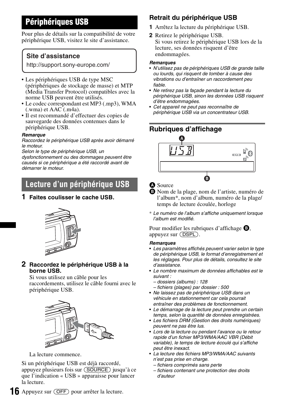 Périphériques usb, Lecture d’un périphérique usb, Rubriques d’affichage | Sony MEX-BT4700U User Manual | Page 82 / 172