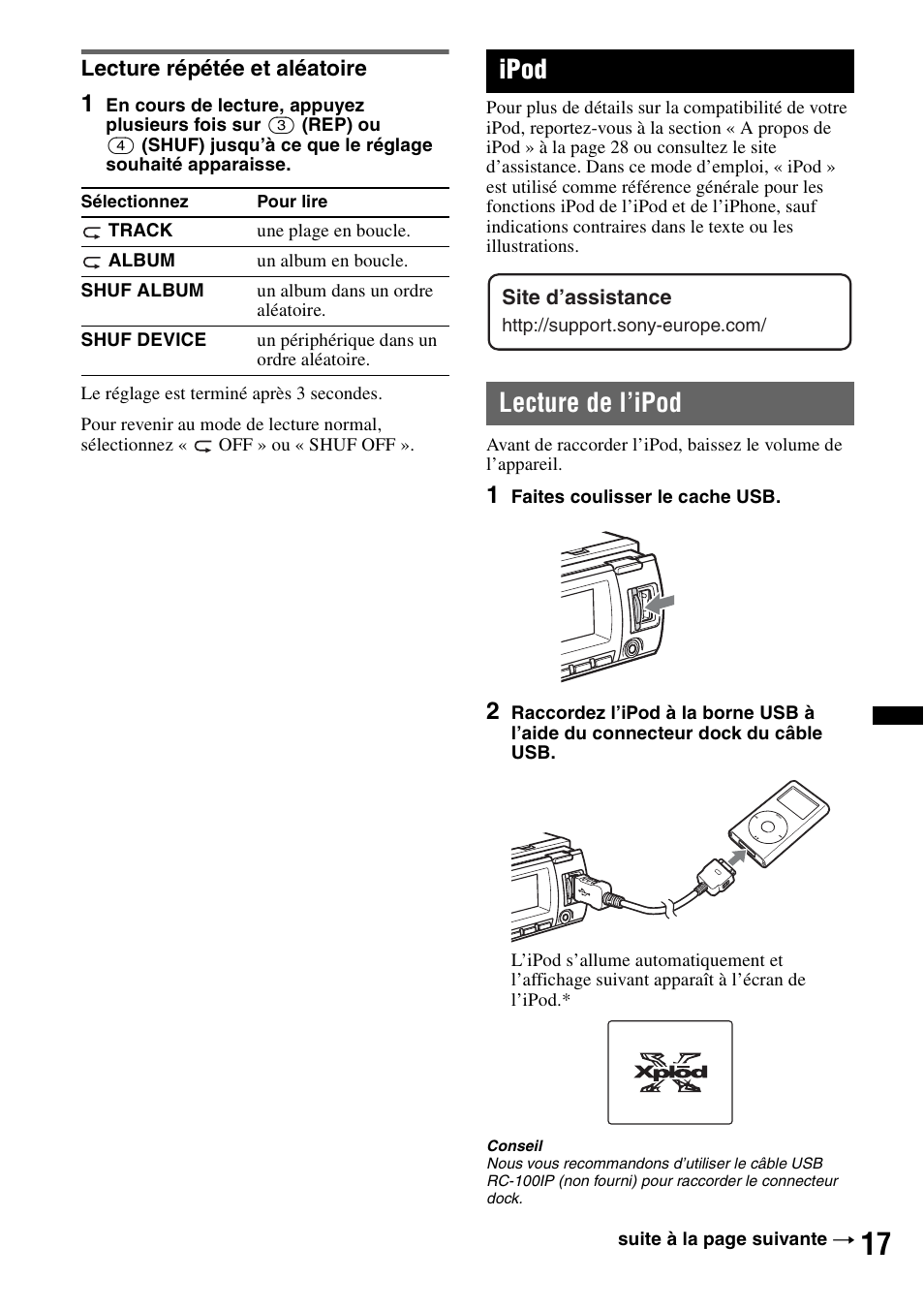 Lecture répétée et aléatoire, Ipod, Lecture de l’ipod | Sony MEX-BT4700U User Manual | Page 83 / 172