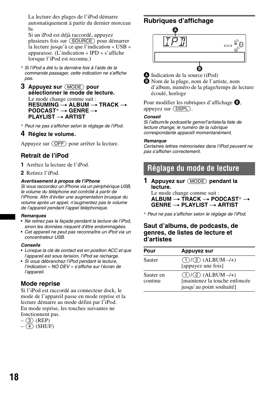 Rubriques d’affichage, Réglage du mode de lecture | Sony MEX-BT4700U User Manual | Page 84 / 172