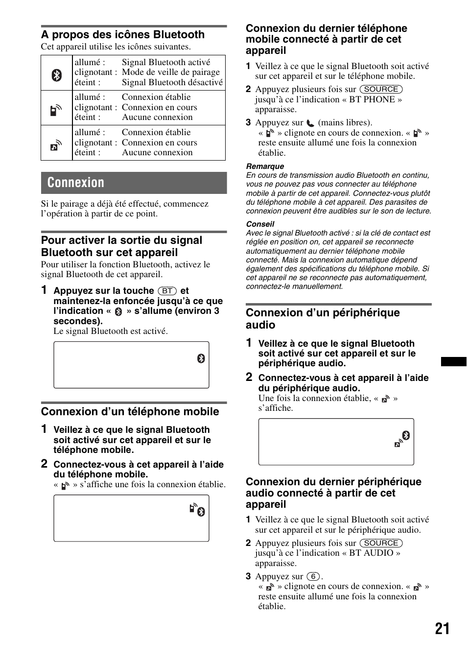 A propos des icônes bluetooth, Connexion, Connexion d’un téléphone mobile | Connexion d’un périphérique audio | Sony MEX-BT4700U User Manual | Page 87 / 172