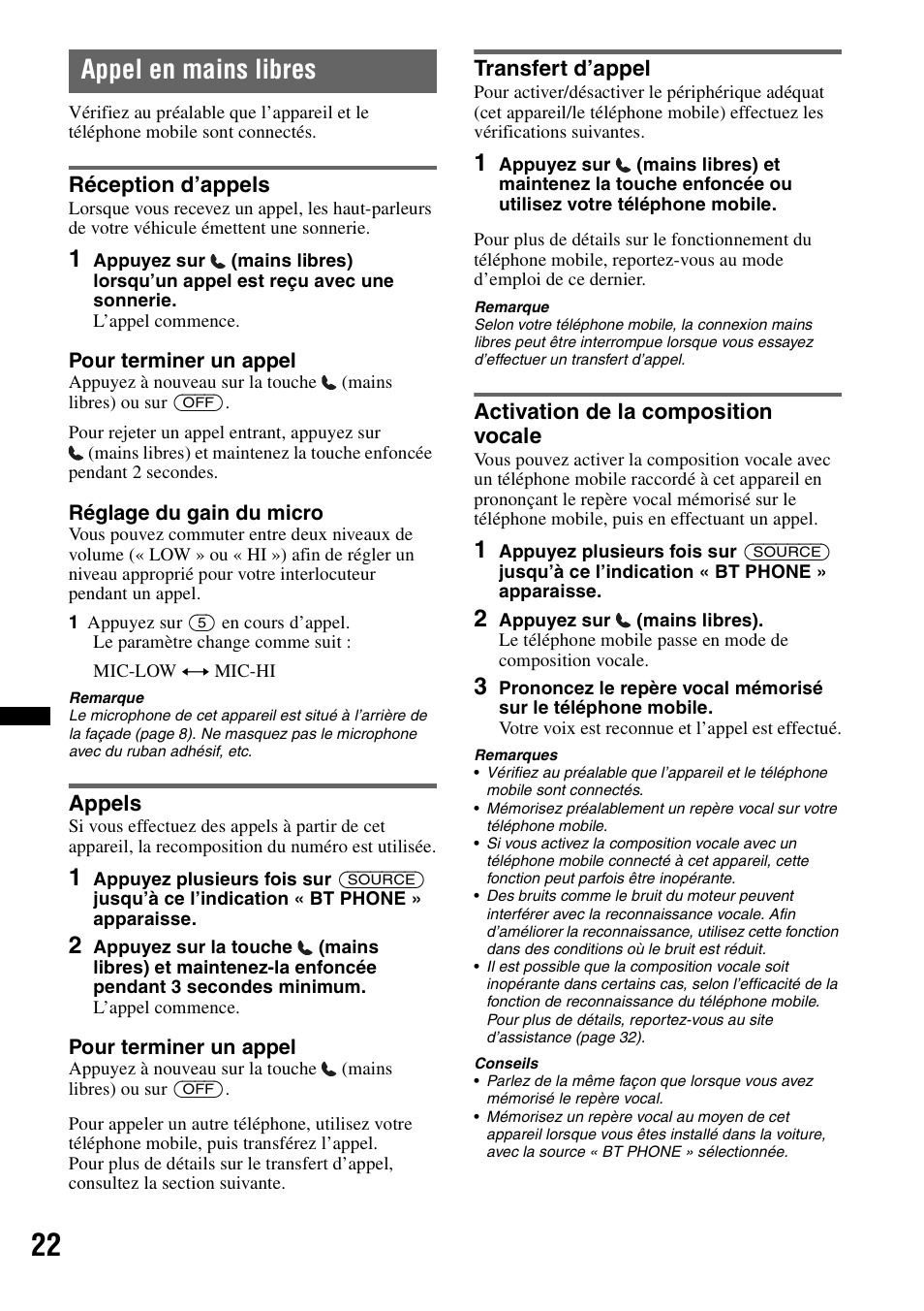 Appel en mains libres, Réception d’appels, Appels | Transfert d’appel, Activation de la composition vocale | Sony MEX-BT4700U User Manual | Page 88 / 172