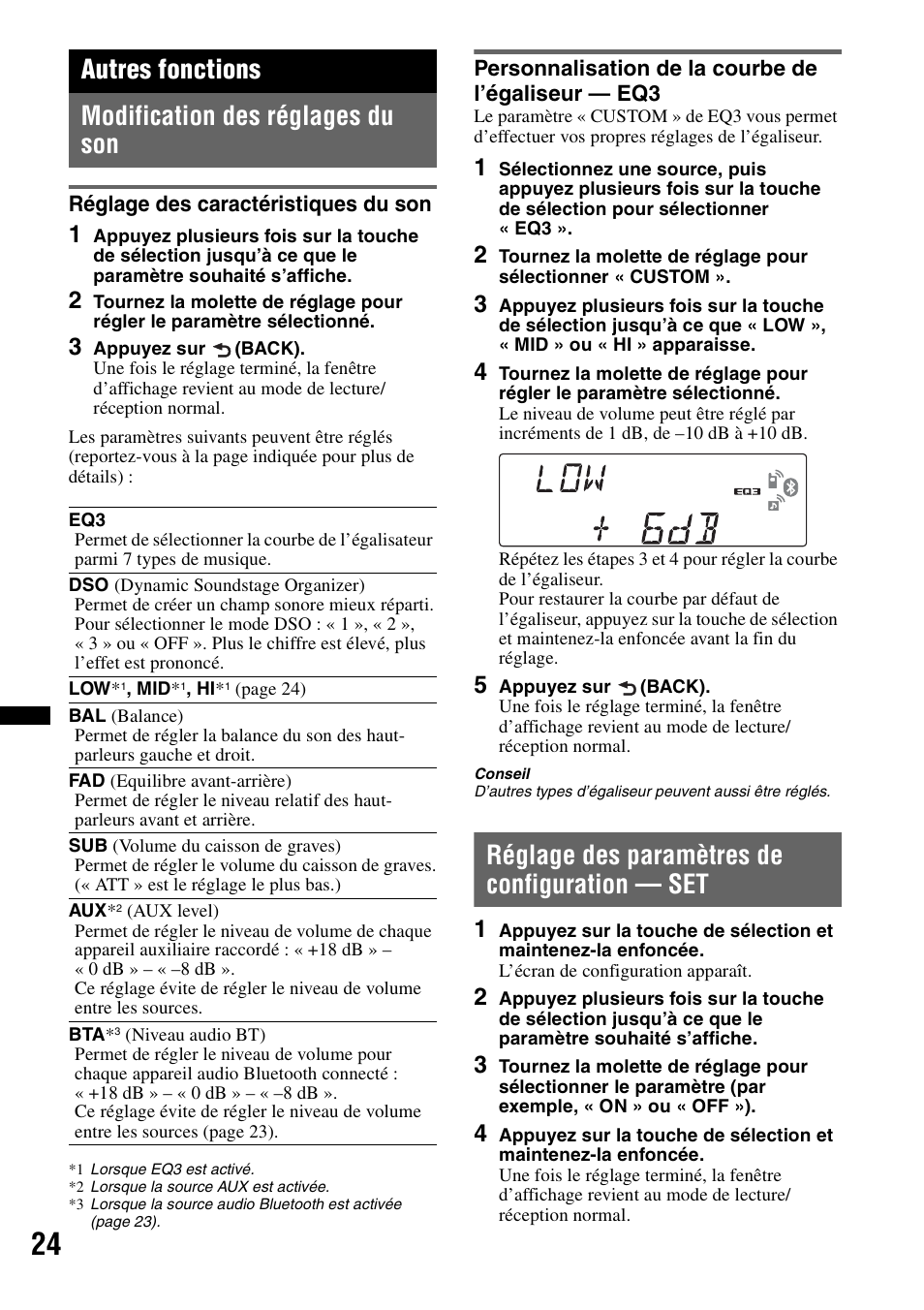 Autres fonctions, Modification des réglages du son, Réglage des caractéristiques du son | Personnalisation de la courbe de l’égaliseur - eq3, Réglage des paramètres de configuration - set, Réglage des paramètres de configuration — set, Autres fonctions modification des réglages du son | Sony MEX-BT4700U User Manual | Page 90 / 172