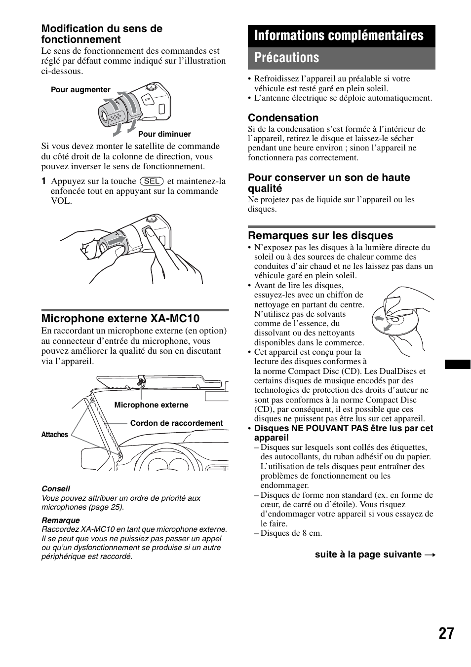 Microphone externe xa-mc10, Informations complémentaires, Précautions | Remarques sur les disques, Informations complémentaires précautions | Sony MEX-BT4700U User Manual | Page 93 / 172