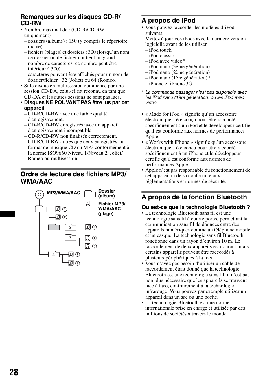 Ordre de lecture des fichiers mp3/wma/aac, A propos de ipod, A propos de la fonction bluetooth | Sony MEX-BT4700U User Manual | Page 94 / 172