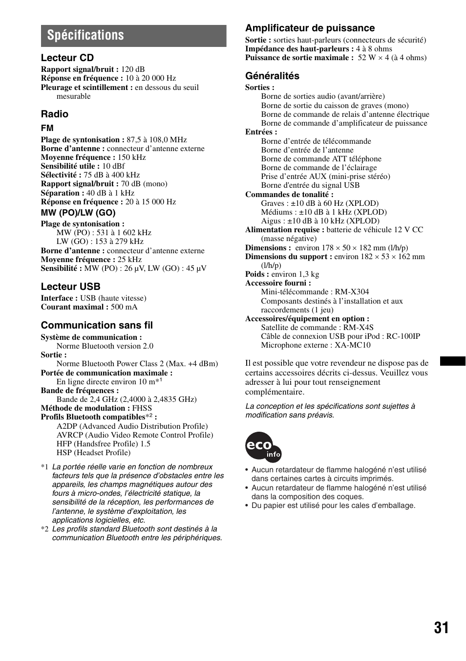 Spécifications | Sony MEX-BT4700U User Manual | Page 97 / 172