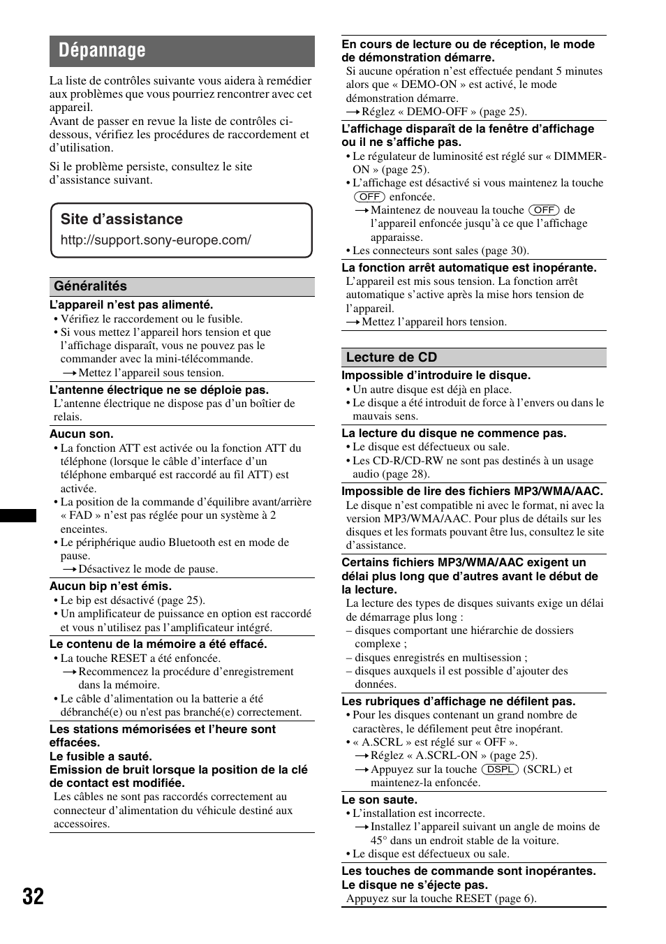 Dépannage, Site d’assistance | Sony MEX-BT4700U User Manual | Page 98 / 172