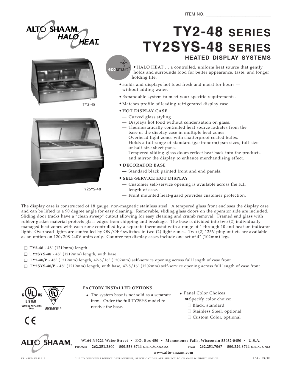 Alto-Shaam TY2-48 User Manual | 2 pages