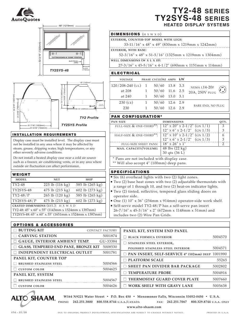 Ty2-48, Ty2sys-48, Series | Heated display systems, On off on off on off, On off on off, Six (6) overhead lights with two (2) light zones | Alto-Shaam TY2-48 User Manual | Page 2 / 2