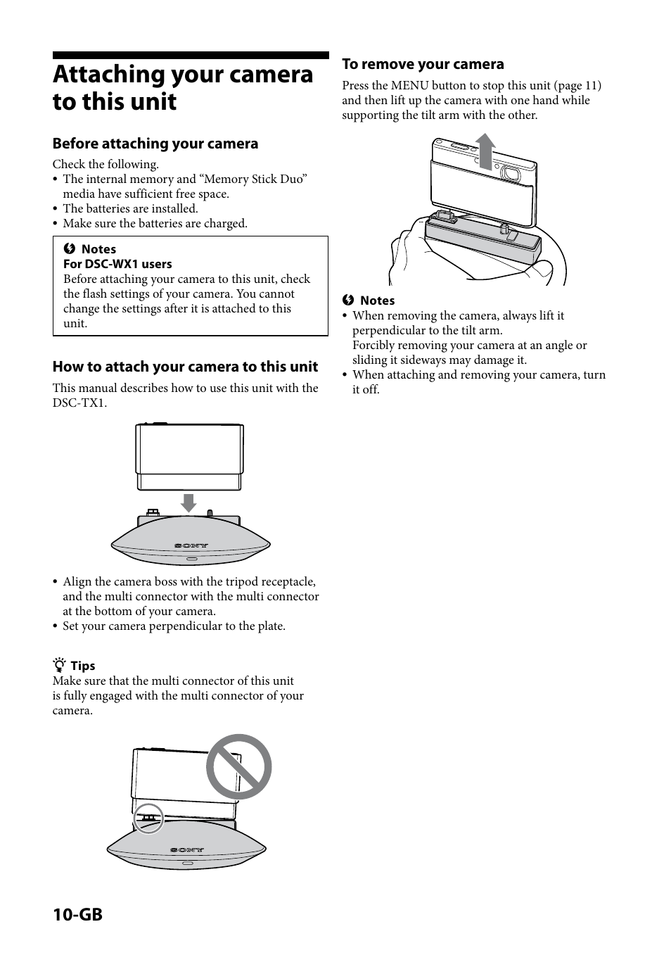 Attaching your camera to this unit, Before attaching your camera, How to attach your camera to this unit | Sony IPT-DS1 User Manual | Page 10 / 189