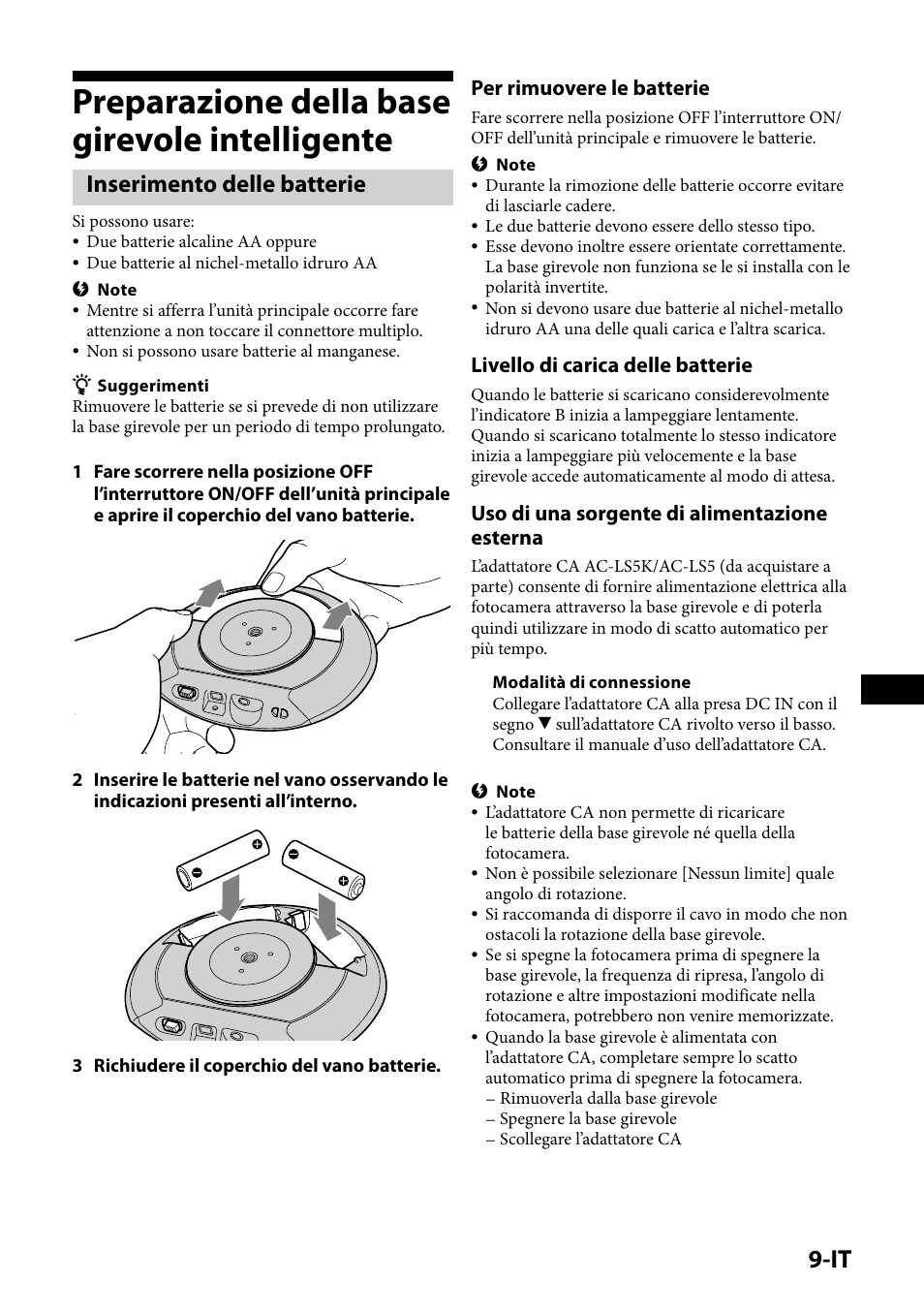 Preparazione della base girevole intelligente, Inserimento delle batterie, Per rimuovere le batterie | Livello di carica delle batterie, Uso di una sorgente di alimentazione esterna | Sony IPT-DS1 User Manual | Page 101 / 189