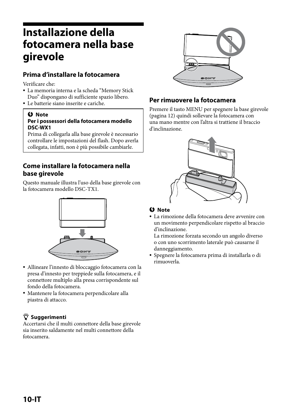 Installazione della fotocamera nella base girevole, Prima d’installare la fotocamera, Come installare la fotocamera nella base girevole | Per rimuovere la fotocamera | Sony IPT-DS1 User Manual | Page 102 / 189