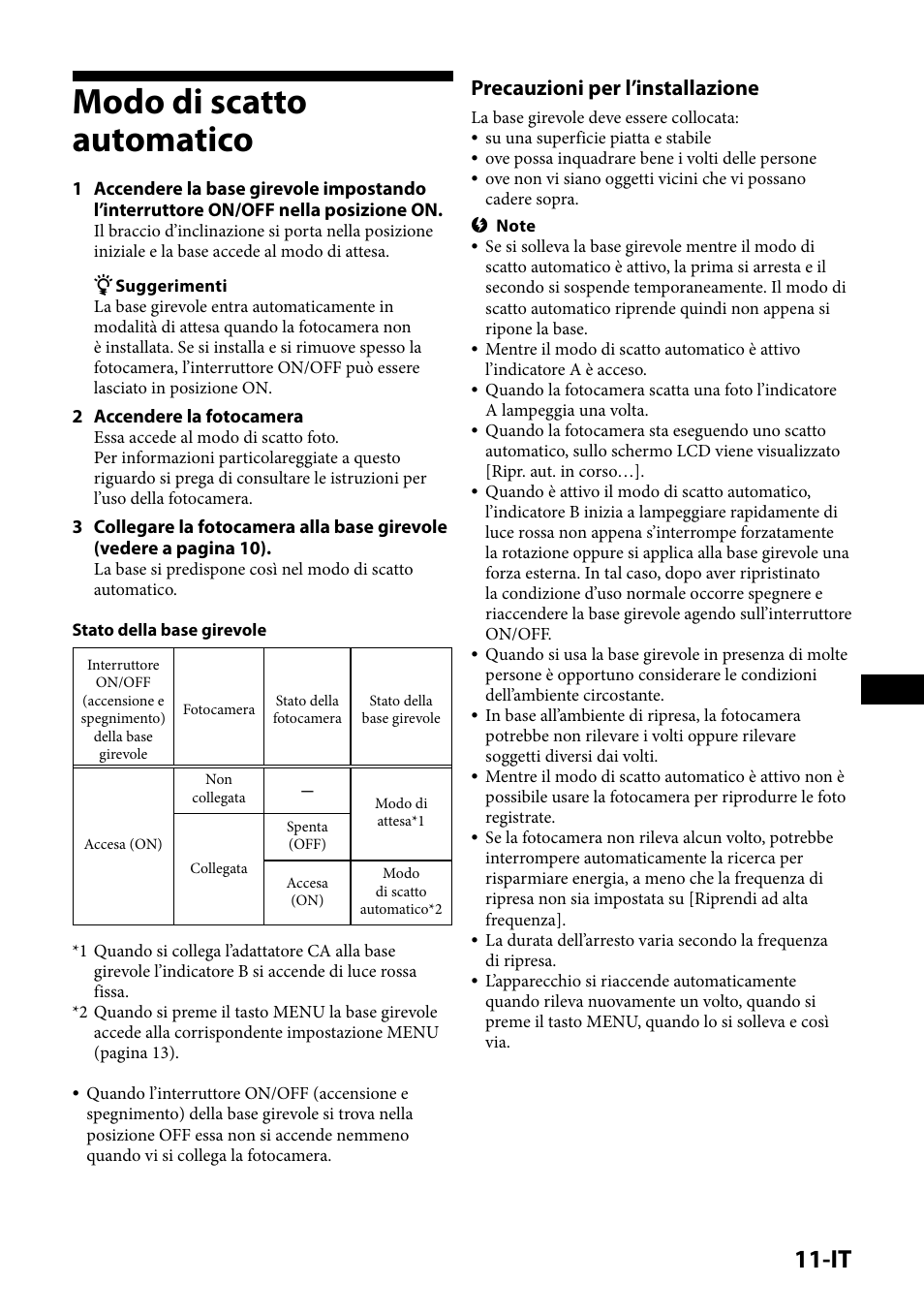 Modo di scatto automatico, Precauzioni per l’installazione | Sony IPT-DS1 User Manual | Page 103 / 189