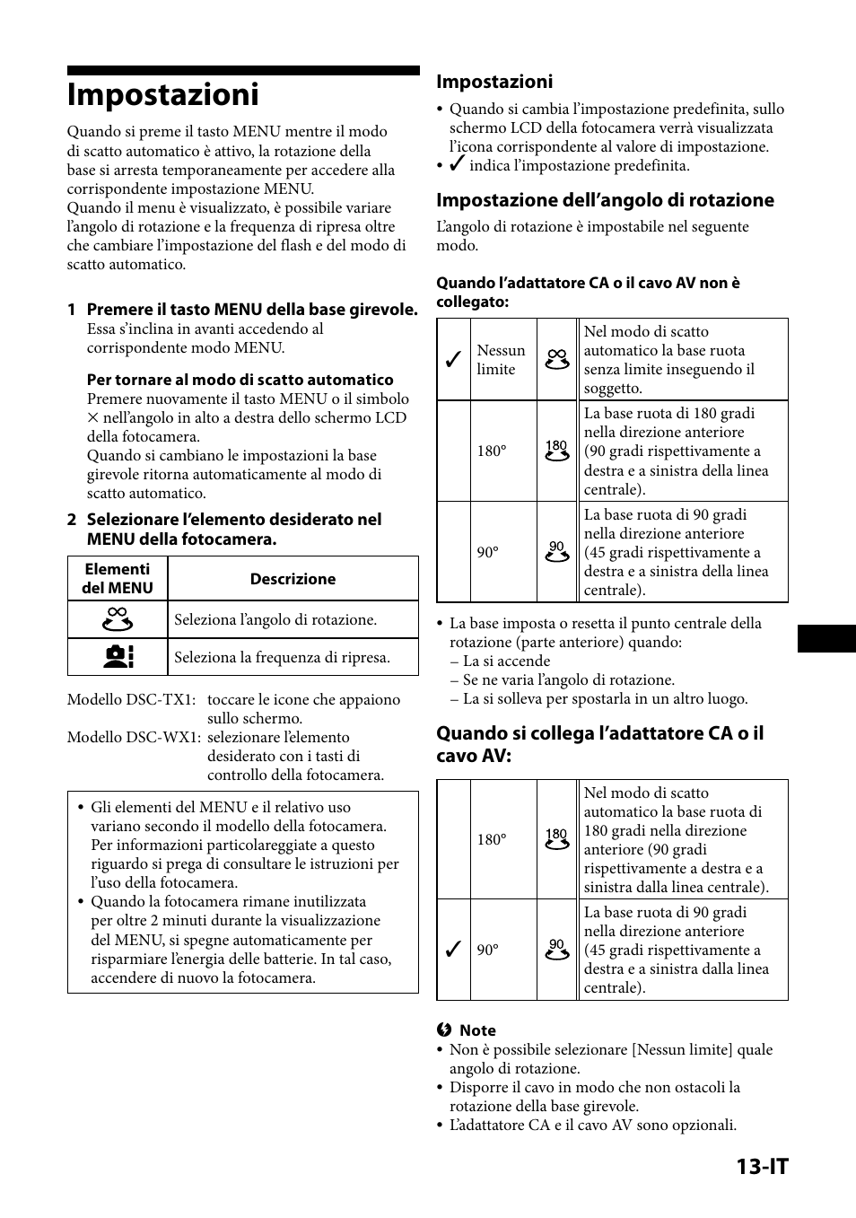 Impostazioni, Impostazione dell’angolo di rotazione, Quando si collega l’adattatore ca o il cavo av | Sony IPT-DS1 User Manual | Page 105 / 189