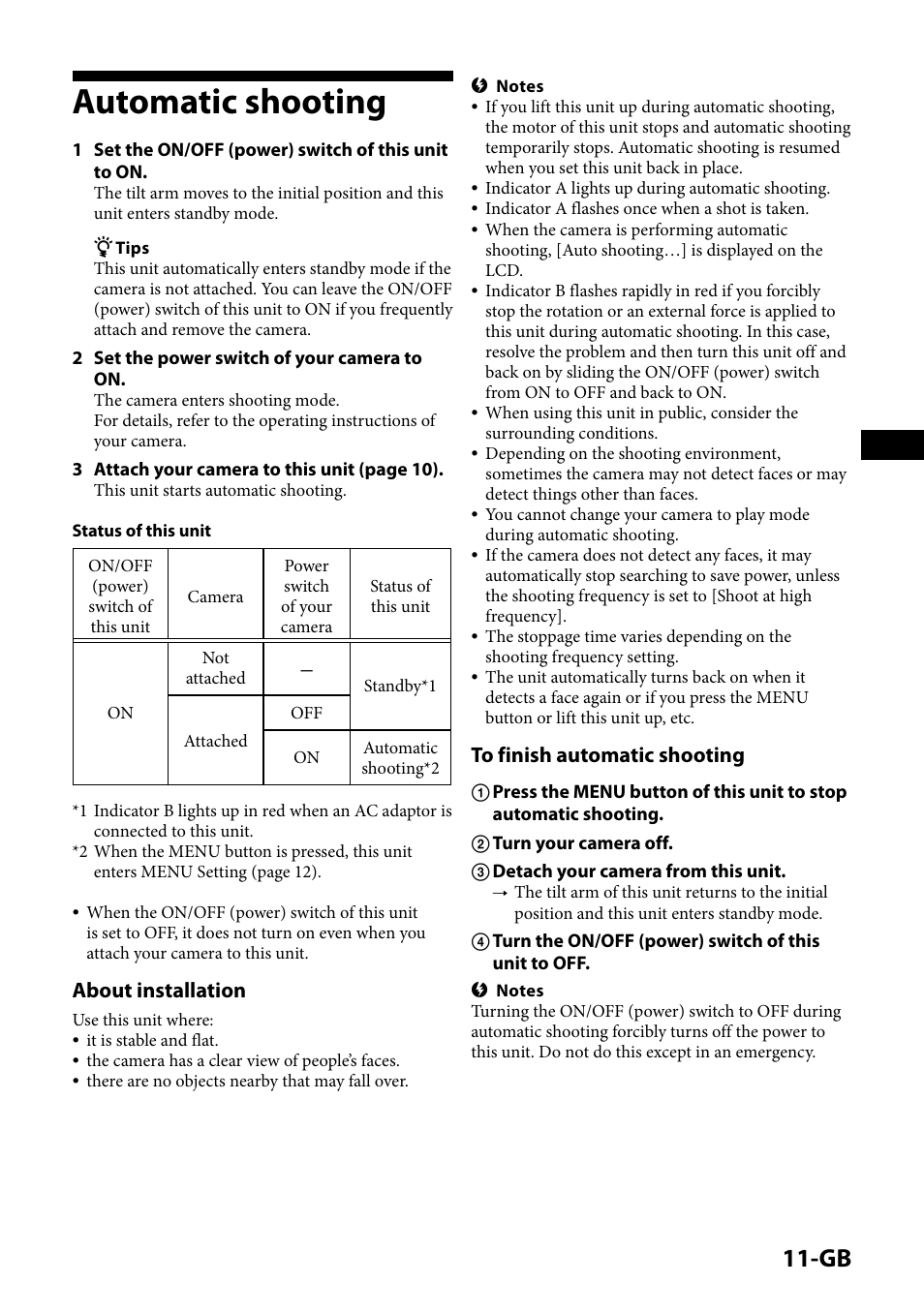 Automatic shooting, About installation | Sony IPT-DS1 User Manual | Page 11 / 189