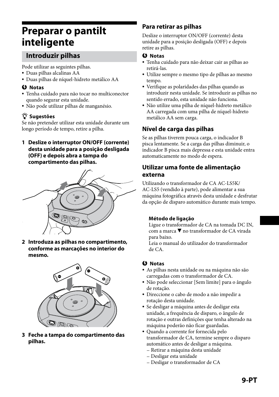 Preparar o pantilt inteligente, Introduzir pilhas, Para retirar as pilhas | Nível de carga das pilhas, Utilizar uma fonte de alimentação externa | Sony IPT-DS1 User Manual | Page 119 / 189