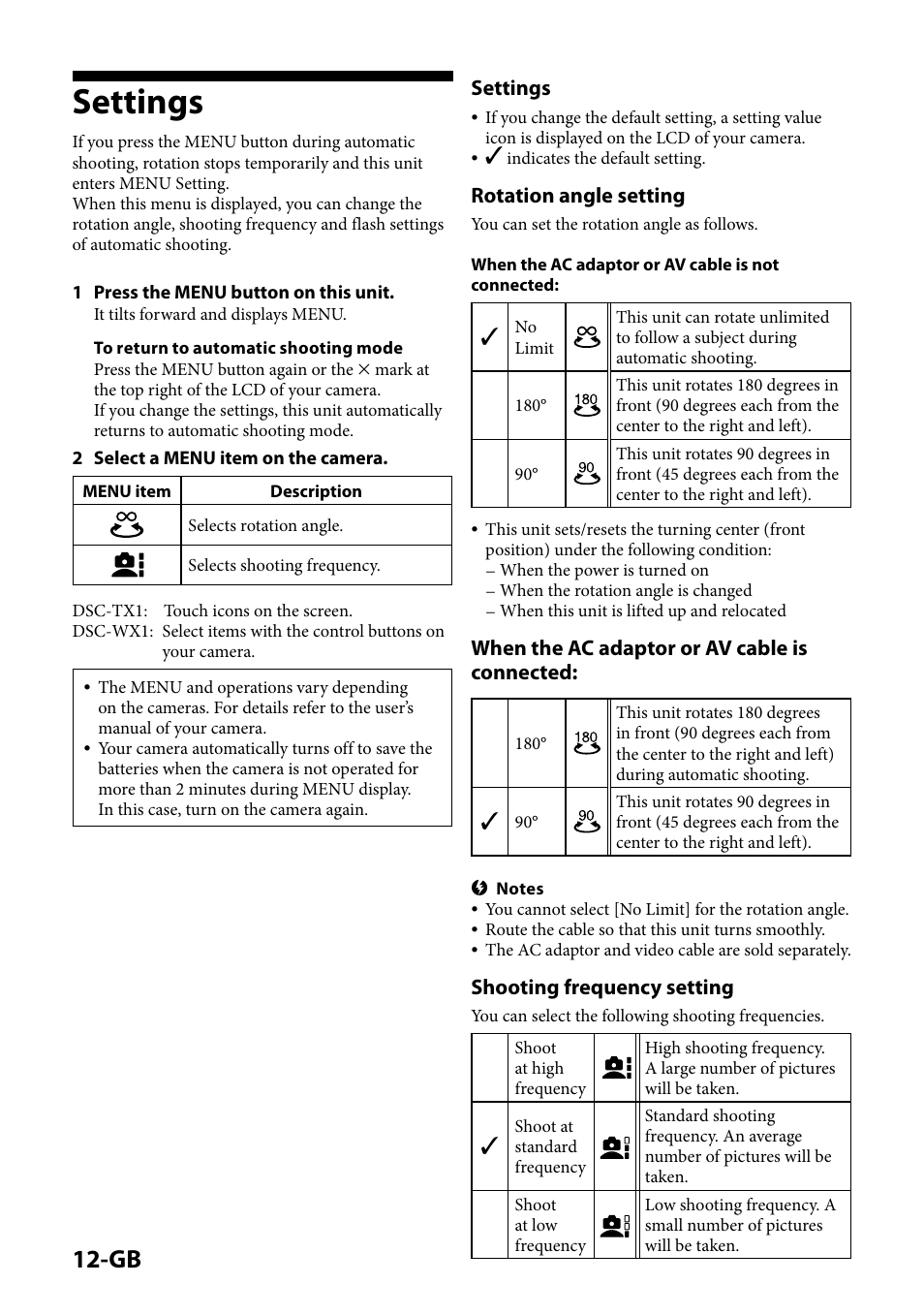 Settings, Rotation angle setting, When the ac adaptor or av cable is connected | Shooting frequency setting | Sony IPT-DS1 User Manual | Page 12 / 189