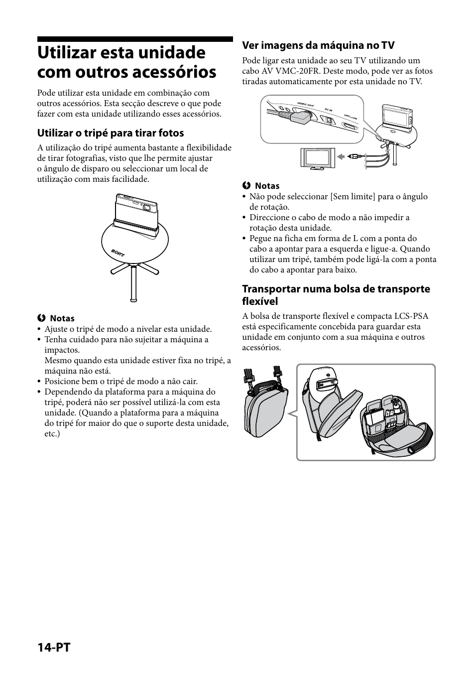 Utilizar esta unidade com outros acessórios, Utilizar o tripé para tirar fotos, Ver imagens da máquina no tv | Transportar numa bolsa de transporte flexível | Sony IPT-DS1 User Manual | Page 124 / 189