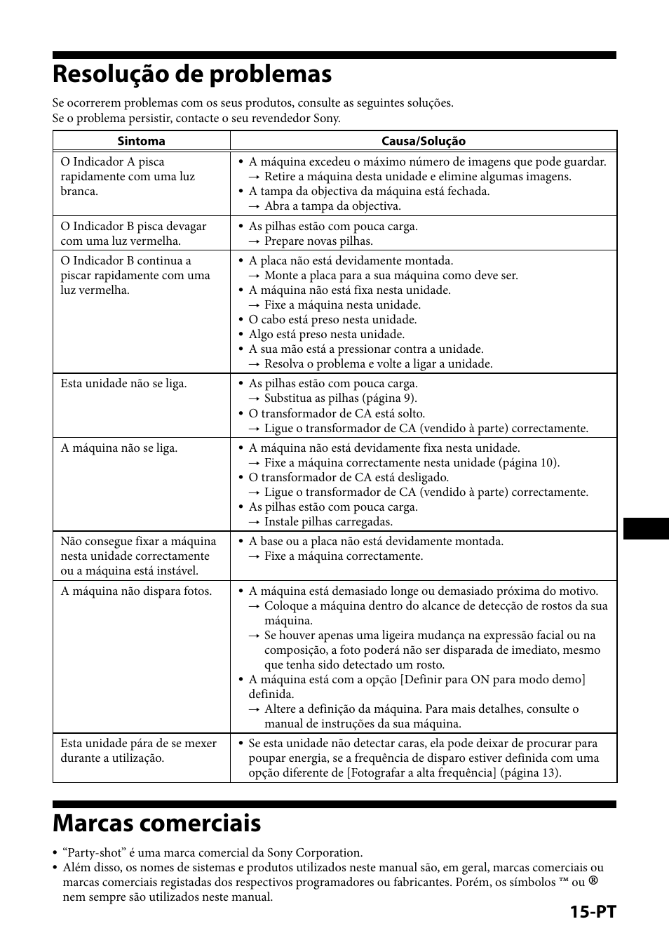 Resolução de problemas, Marcas comerciais, Resolução de problemas marcas comerciais | Sony IPT-DS1 User Manual | Page 125 / 189