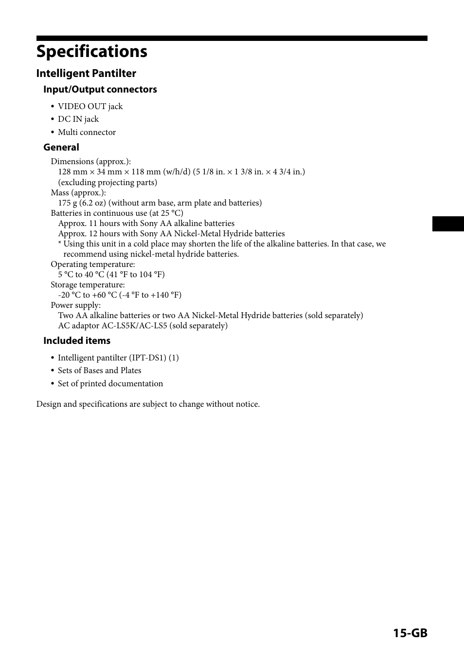 Specifications, Intelligent pantilter, Input/output connectors | General, Included items | Sony IPT-DS1 User Manual | Page 15 / 189