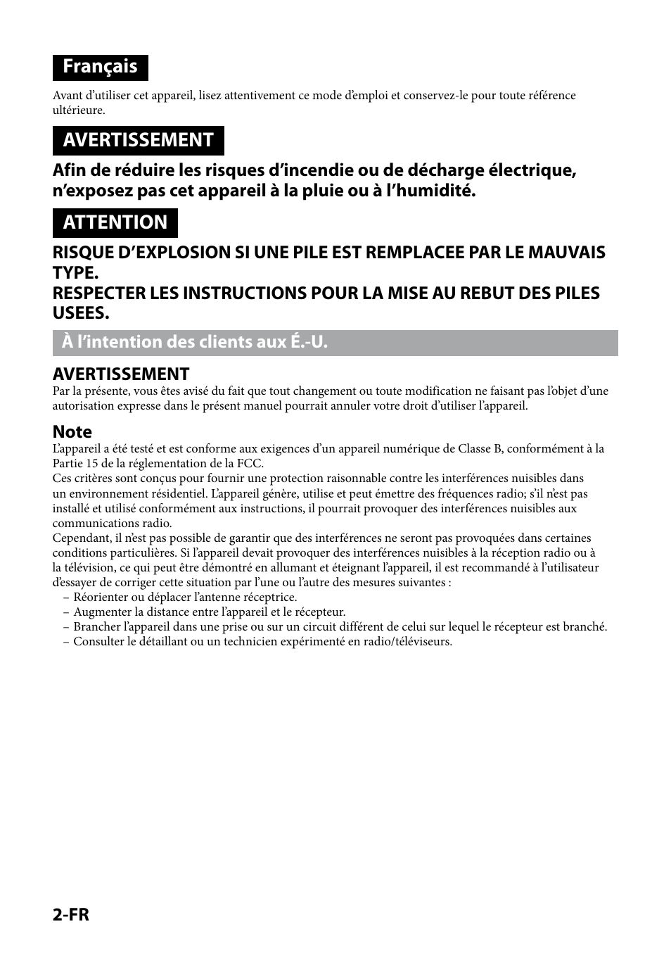 Français, Avertissement, Attention | Sony IPT-DS1 User Manual | Page 16 / 189