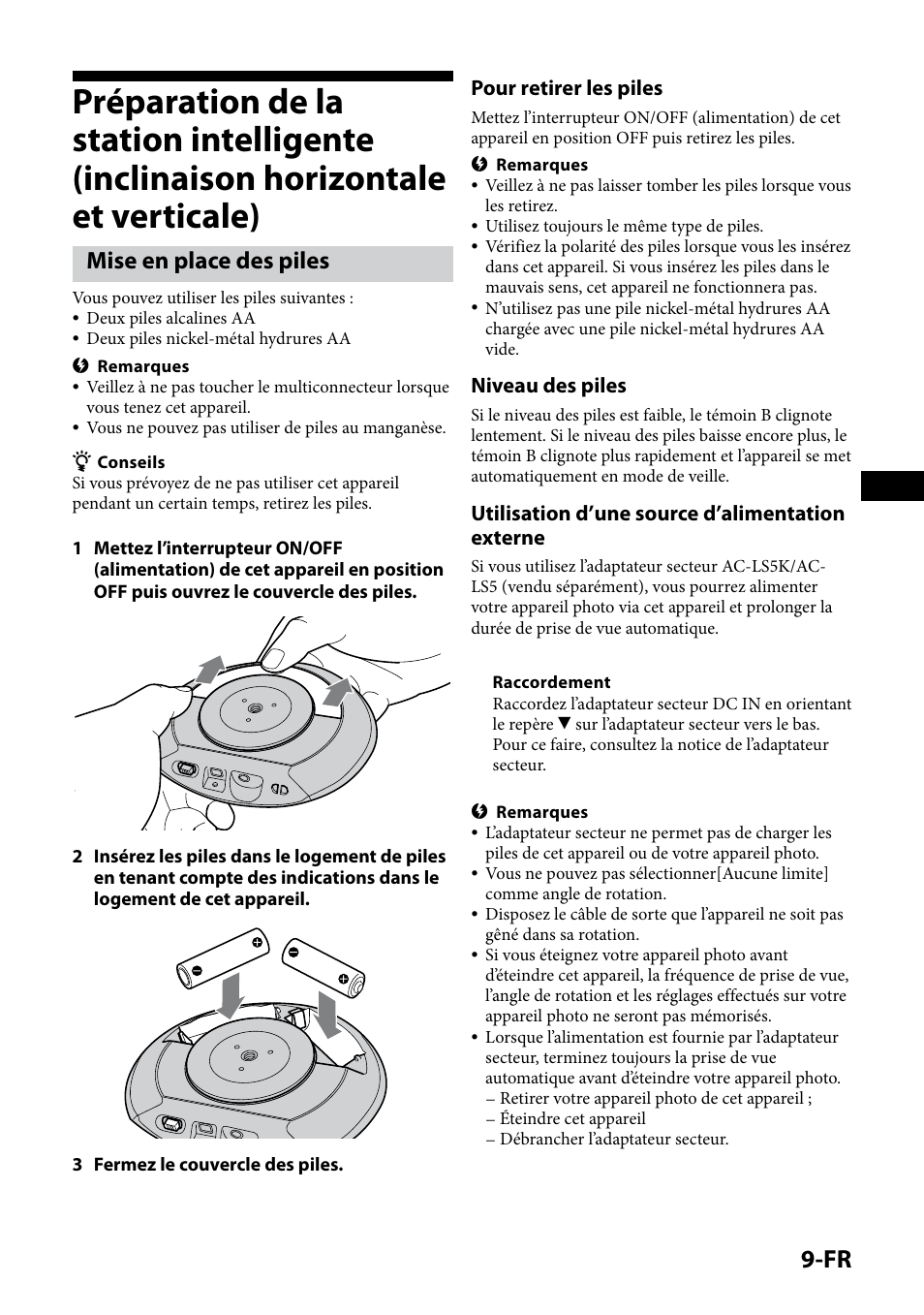 Mise en place des piles, Pour retirer les piles, Niveau des piles | Utilisation d’une source d’alimentation externe | Sony IPT-DS1 User Manual | Page 23 / 189