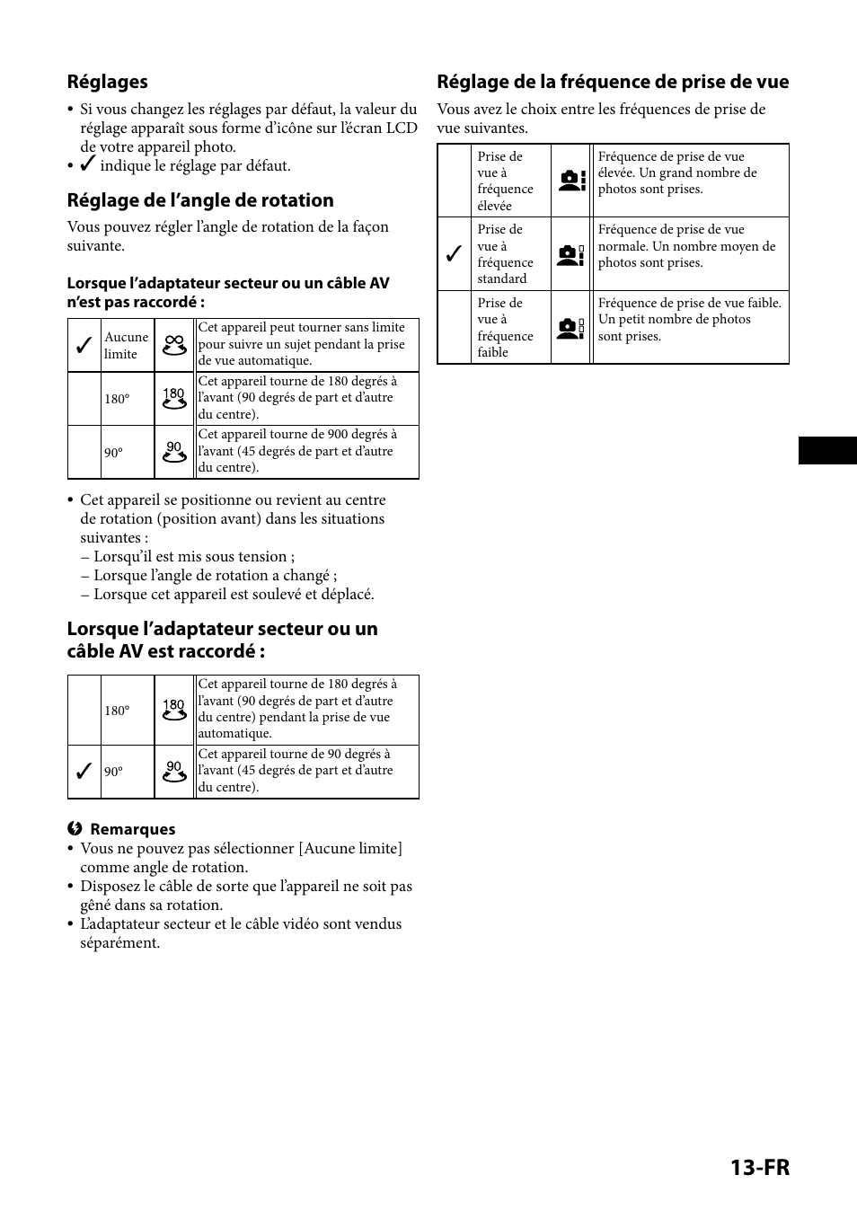 Réglages, Réglage de l’angle de rotation, Réglage de la fréquence de prise de vue | Sony IPT-DS1 User Manual | Page 27 / 189