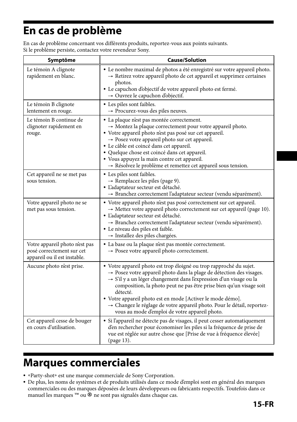 En cas de problème, Marques commerciales, En cas de problème marques commerciales | Sony IPT-DS1 User Manual | Page 29 / 189