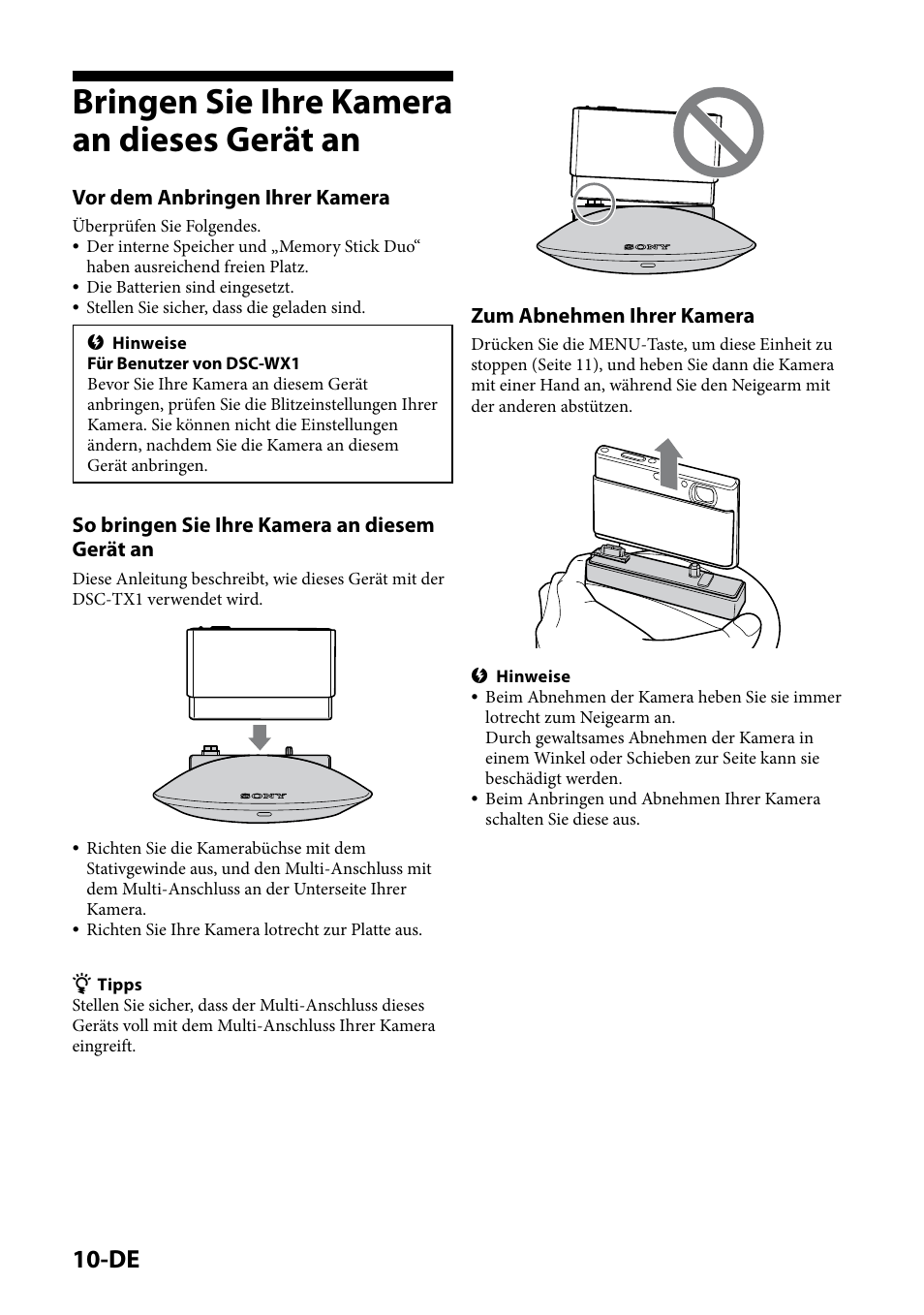 Bringen sie ihre kamera an dieses gerät an, Vor dem anbringen ihrer kamera, So bringen sie ihre kamera an diesem gerät an | Zum abnehmen ihrer kamera | Sony IPT-DS1 User Manual | Page 40 / 189