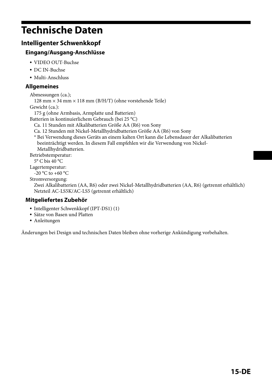 Technische daten, Intelligenter schwenkkopf, Eingang/ausgang-anschlüsse | Allgemeines, Mitgeliefertes zubehör | Sony IPT-DS1 User Manual | Page 45 / 189