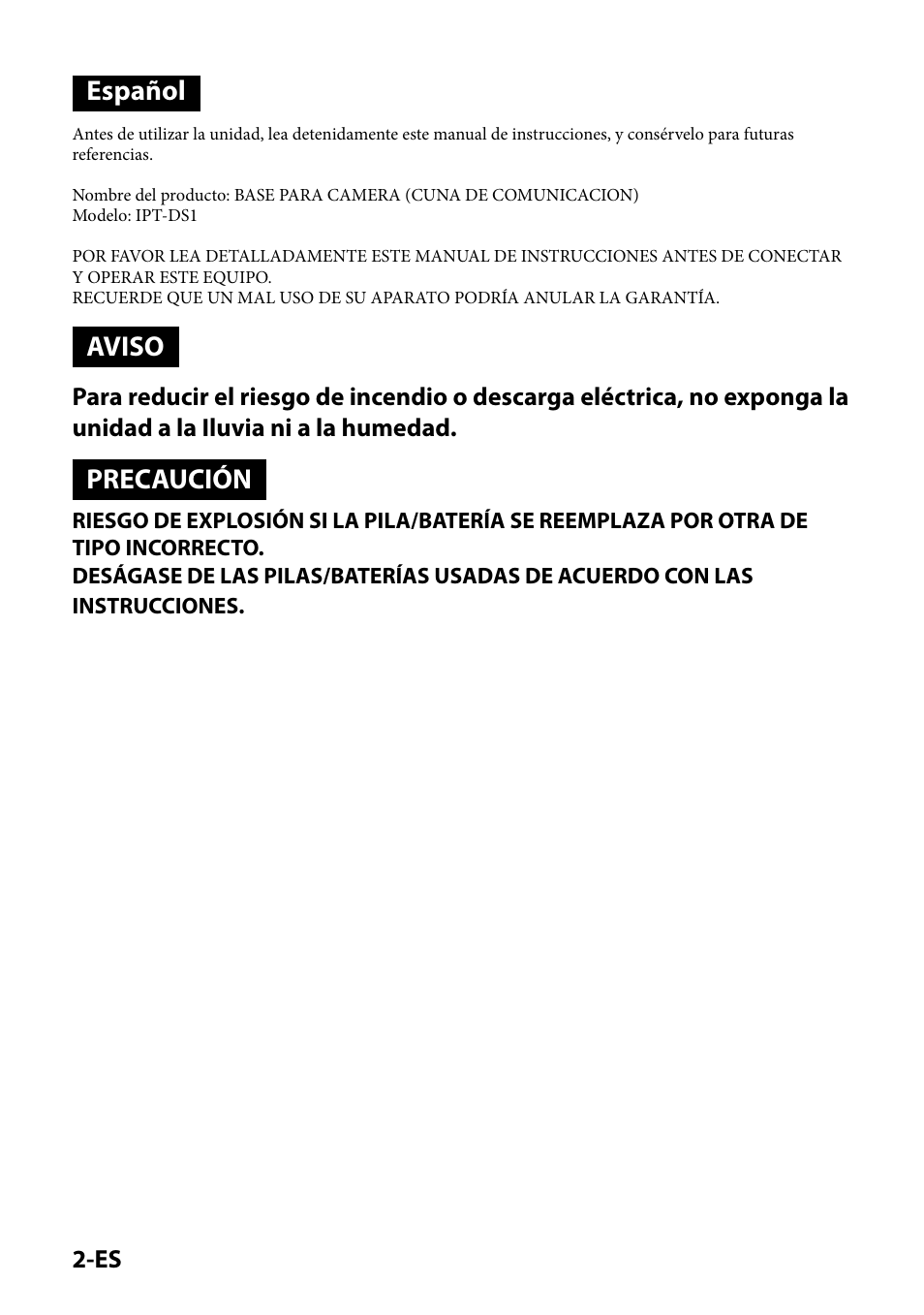 Español, Aviso, Precaución | Sony IPT-DS1 User Manual | Page 46 / 189