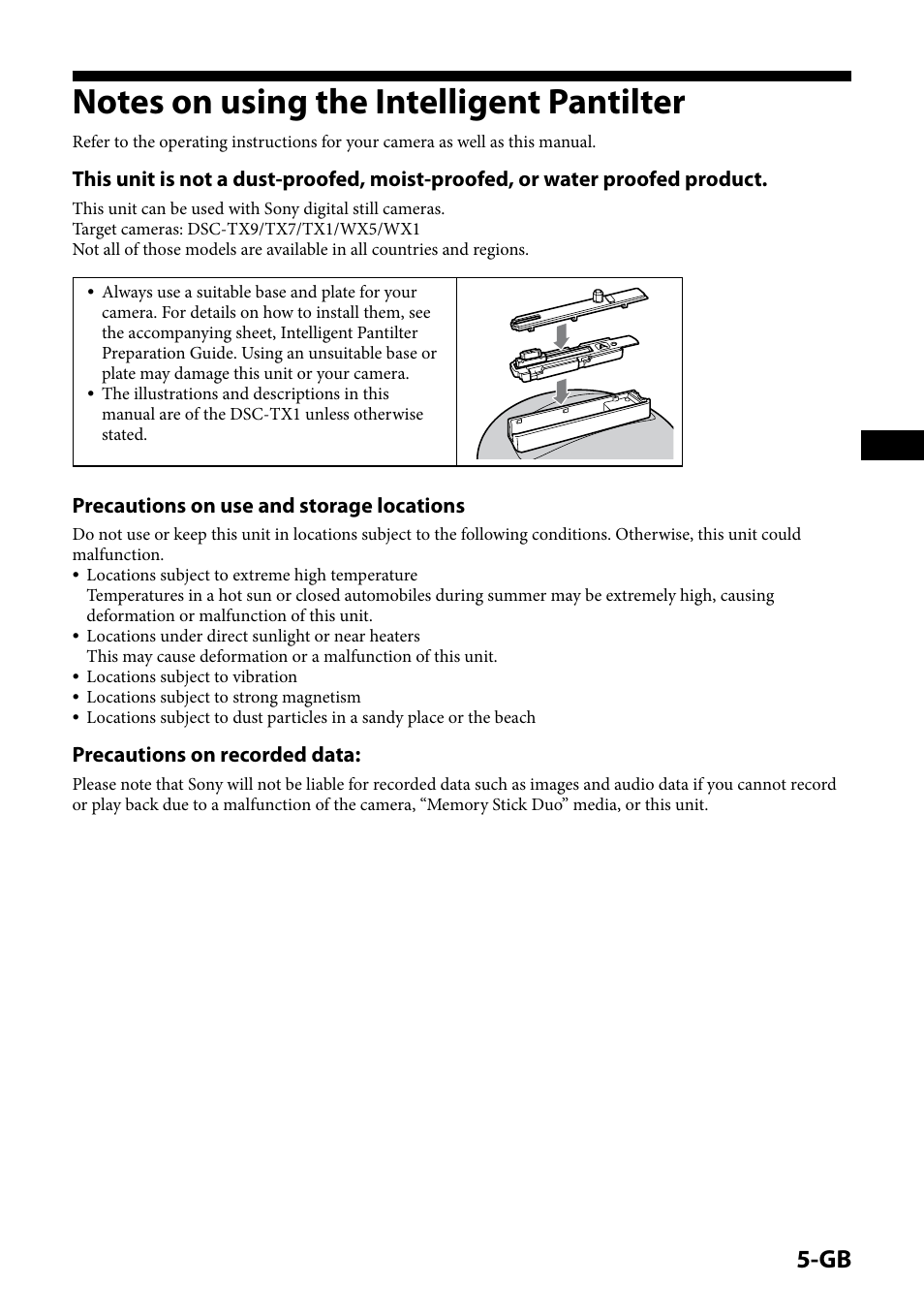 Notes on using the intelligent pantilter, Precautions on use and storage locations, Precautions on recorded data | Sony IPT-DS1 User Manual | Page 5 / 189