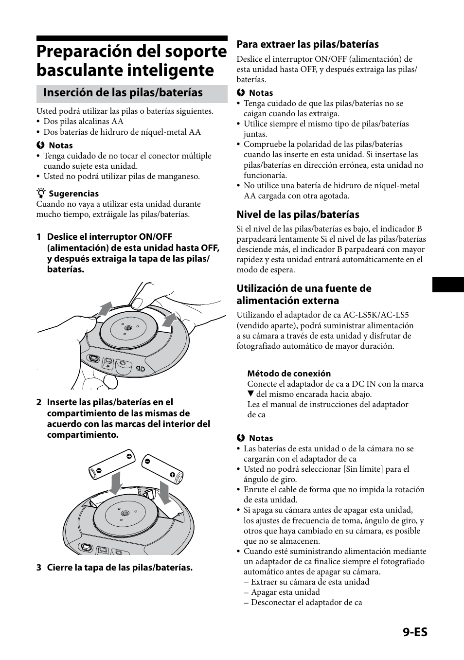 Preparación del soporte basculante inteligente, Inserción de las pilas/baterías, Para extraer las pilas/baterías | Nivel de las pilas/baterías, Utilización de una fuente de alimentación externa | Sony IPT-DS1 User Manual | Page 53 / 189